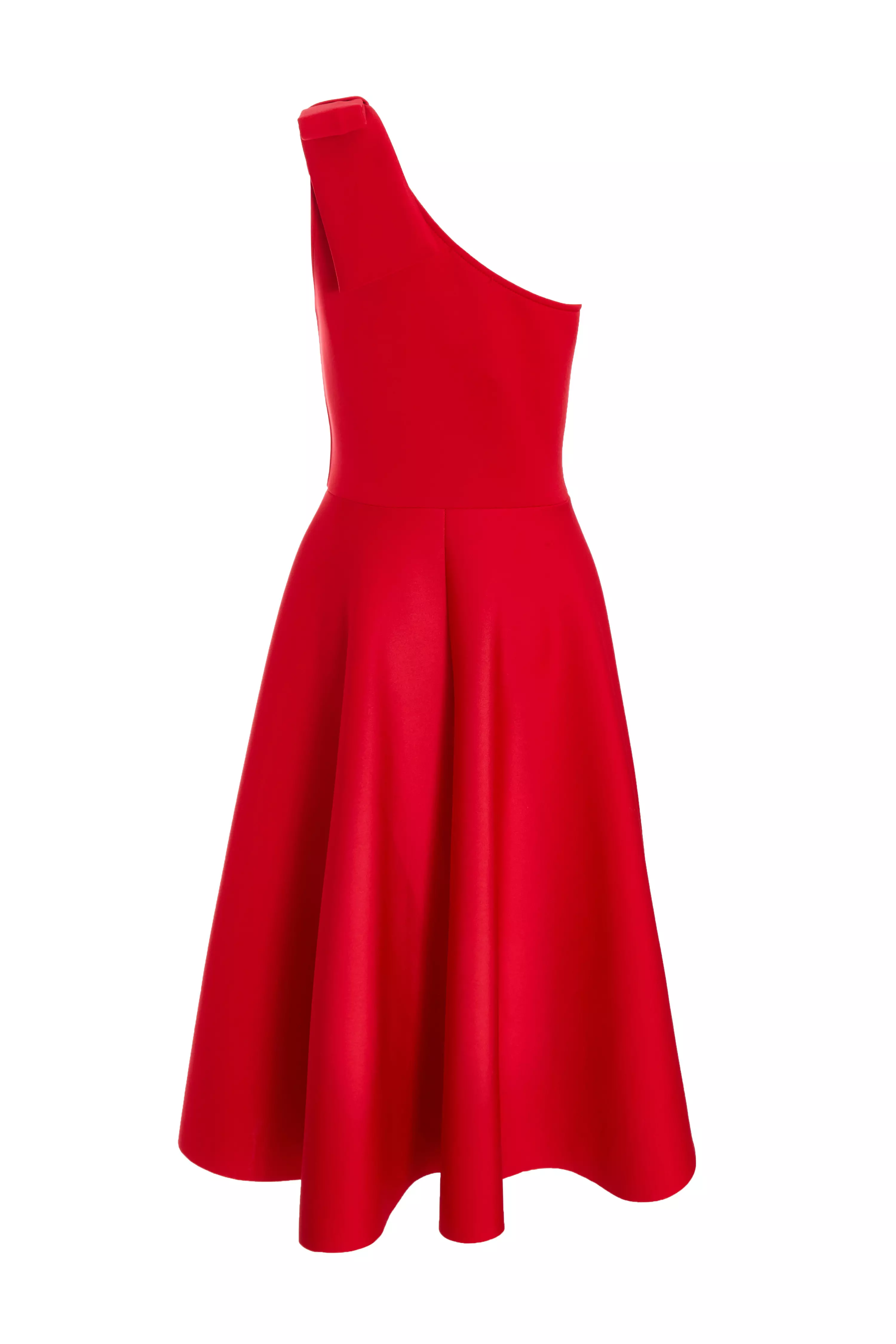 Red One Shoulder Bow Skater Midi Dress