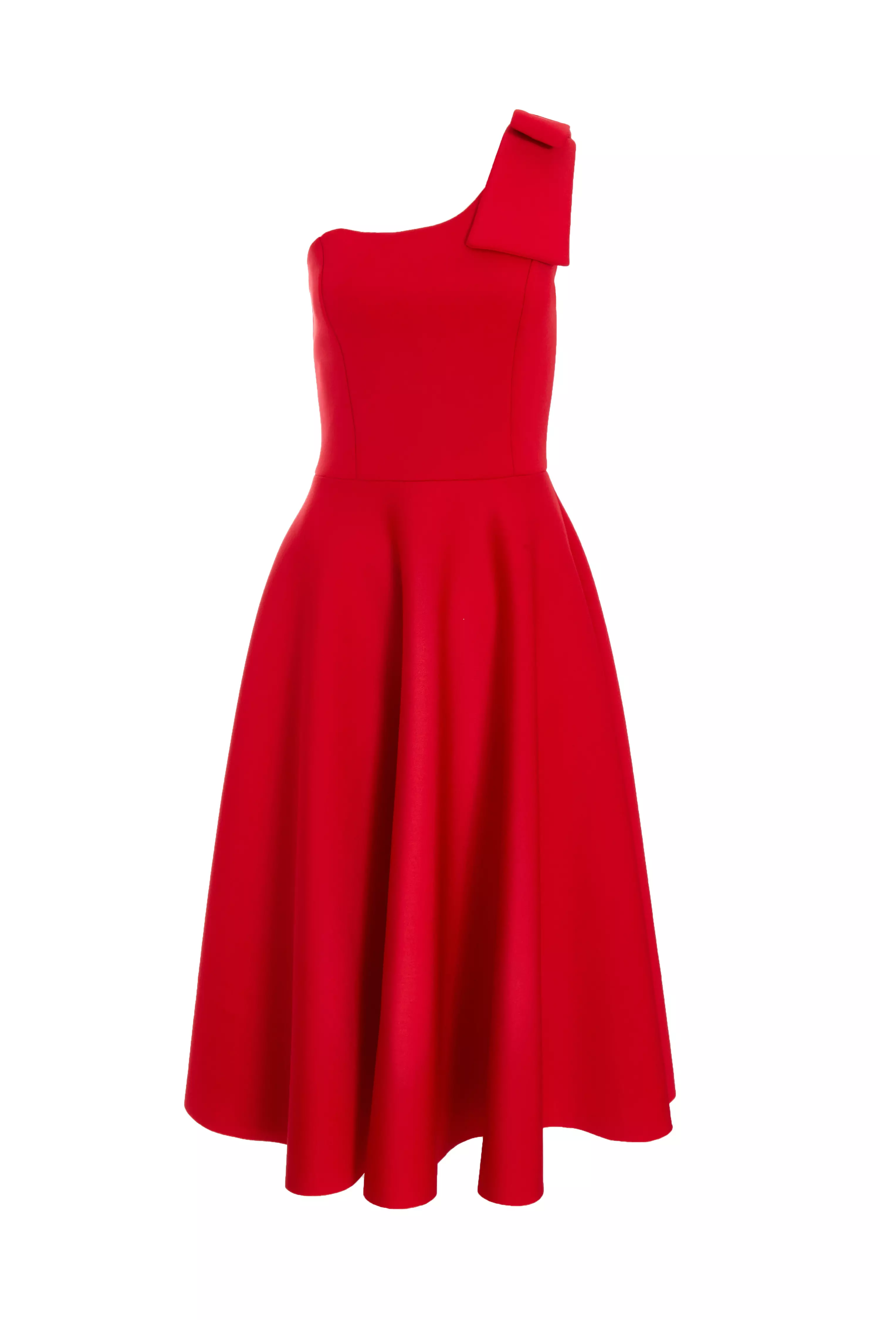 Red One Shoulder Bow Skater Midi Dress