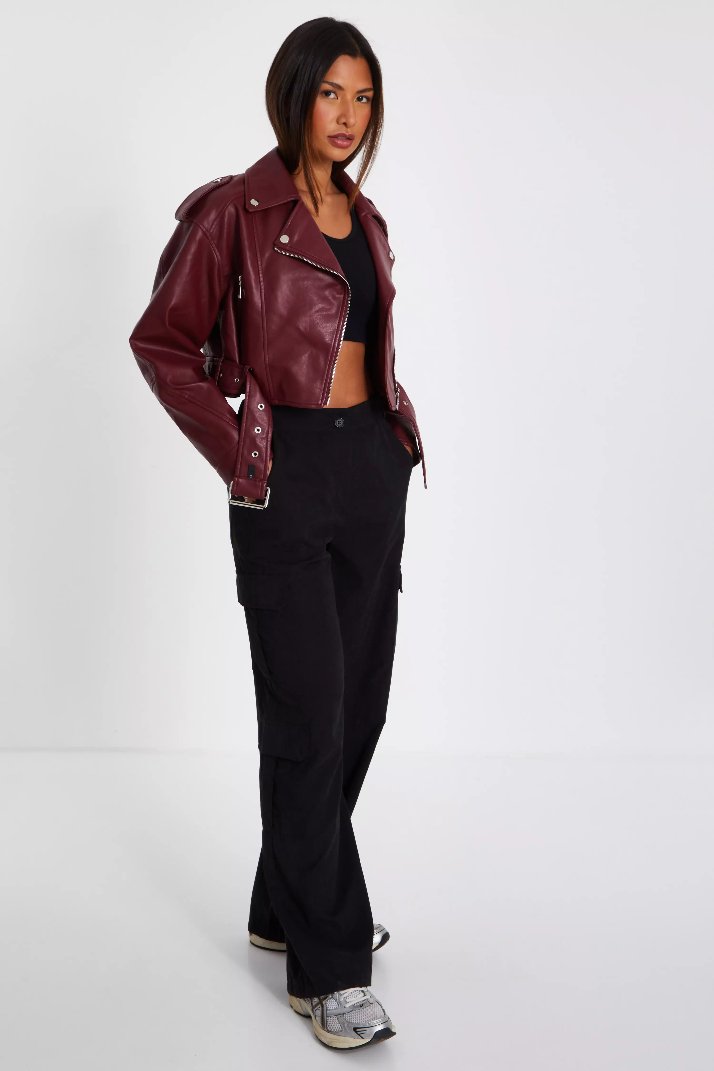 Dark Red Faux Leather Oversized Biker Jacket