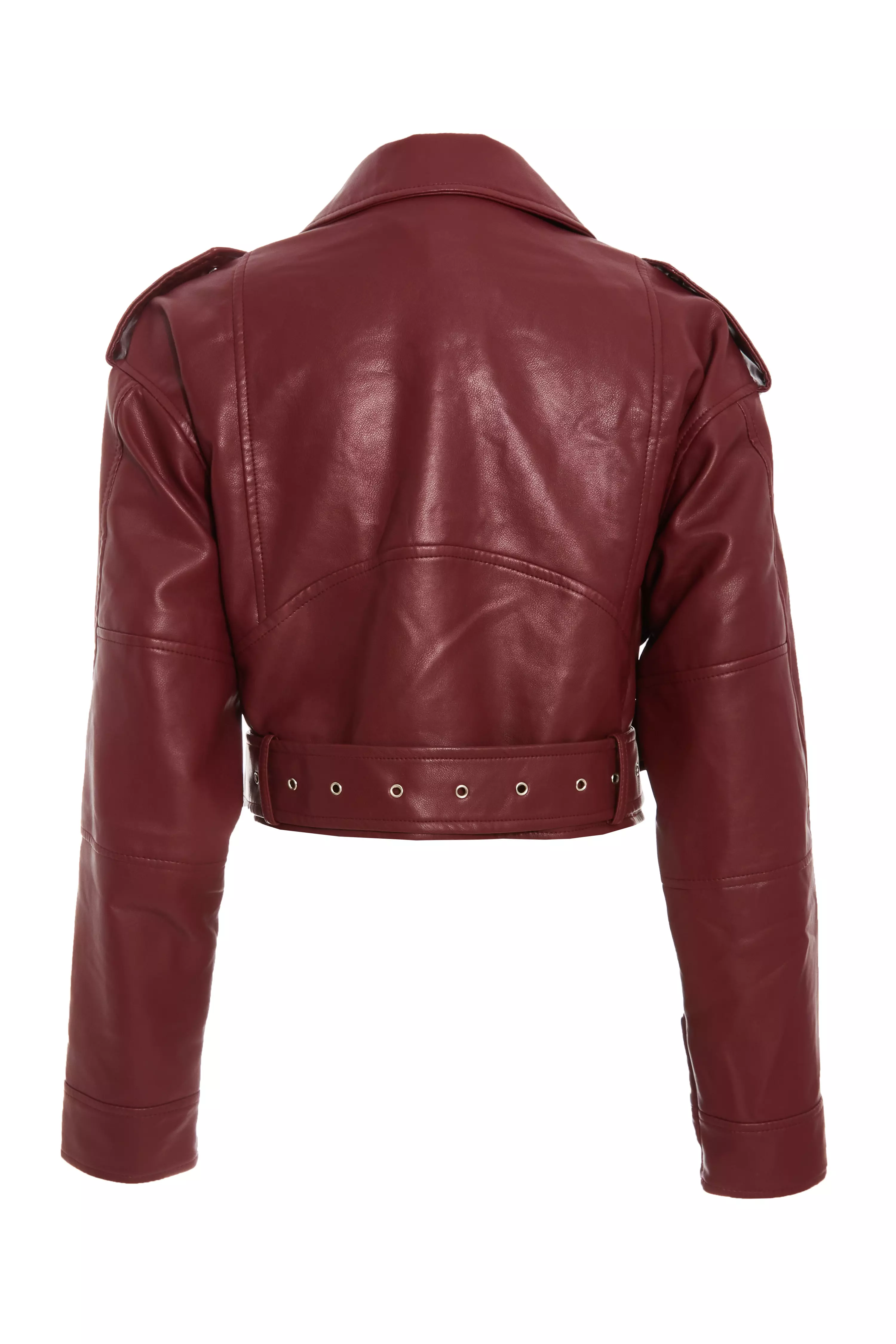 Dark Red Faux Leather Oversized Biker Jacket