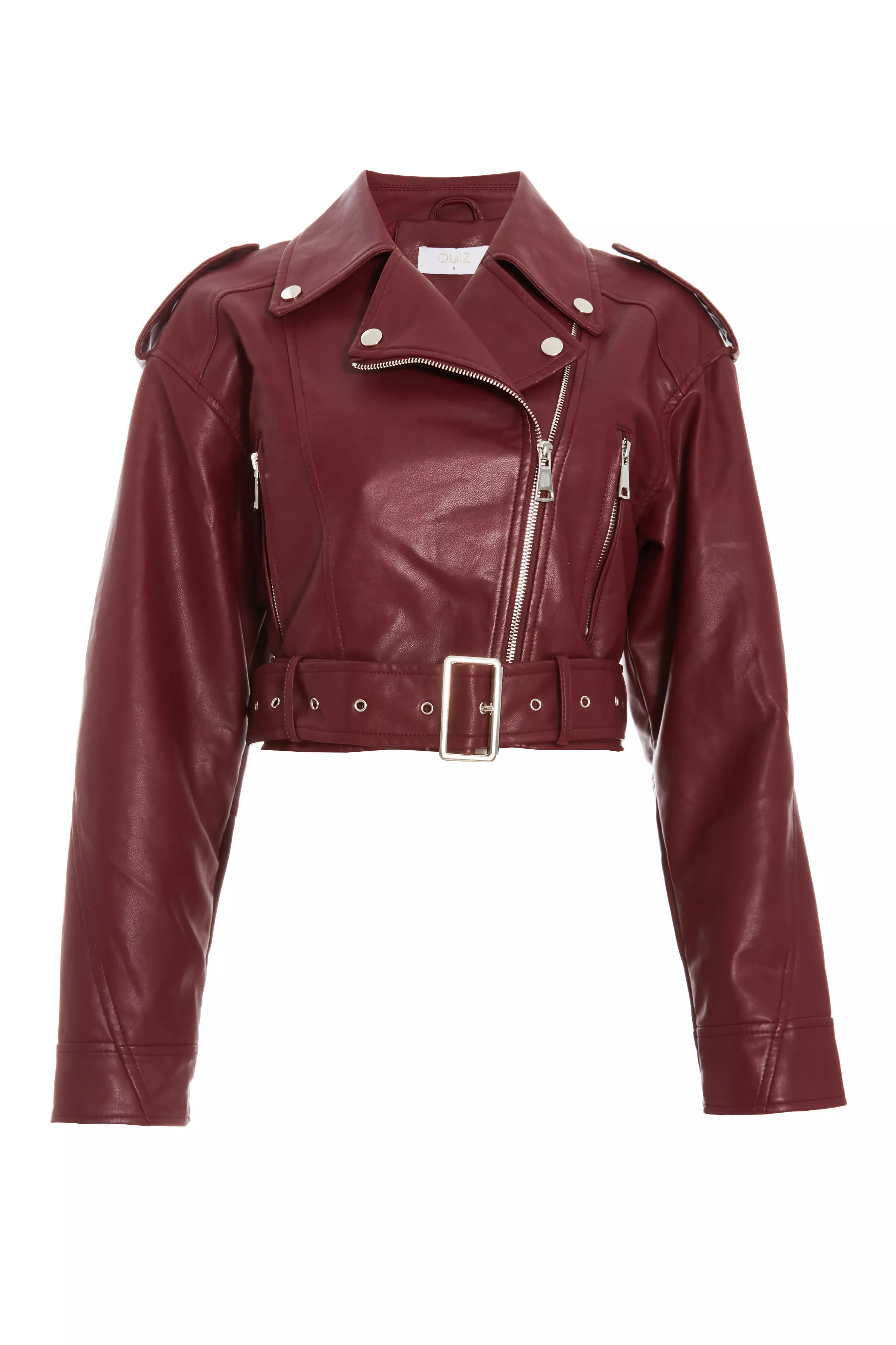 Dark Red Faux Leather Oversized Biker Jacket