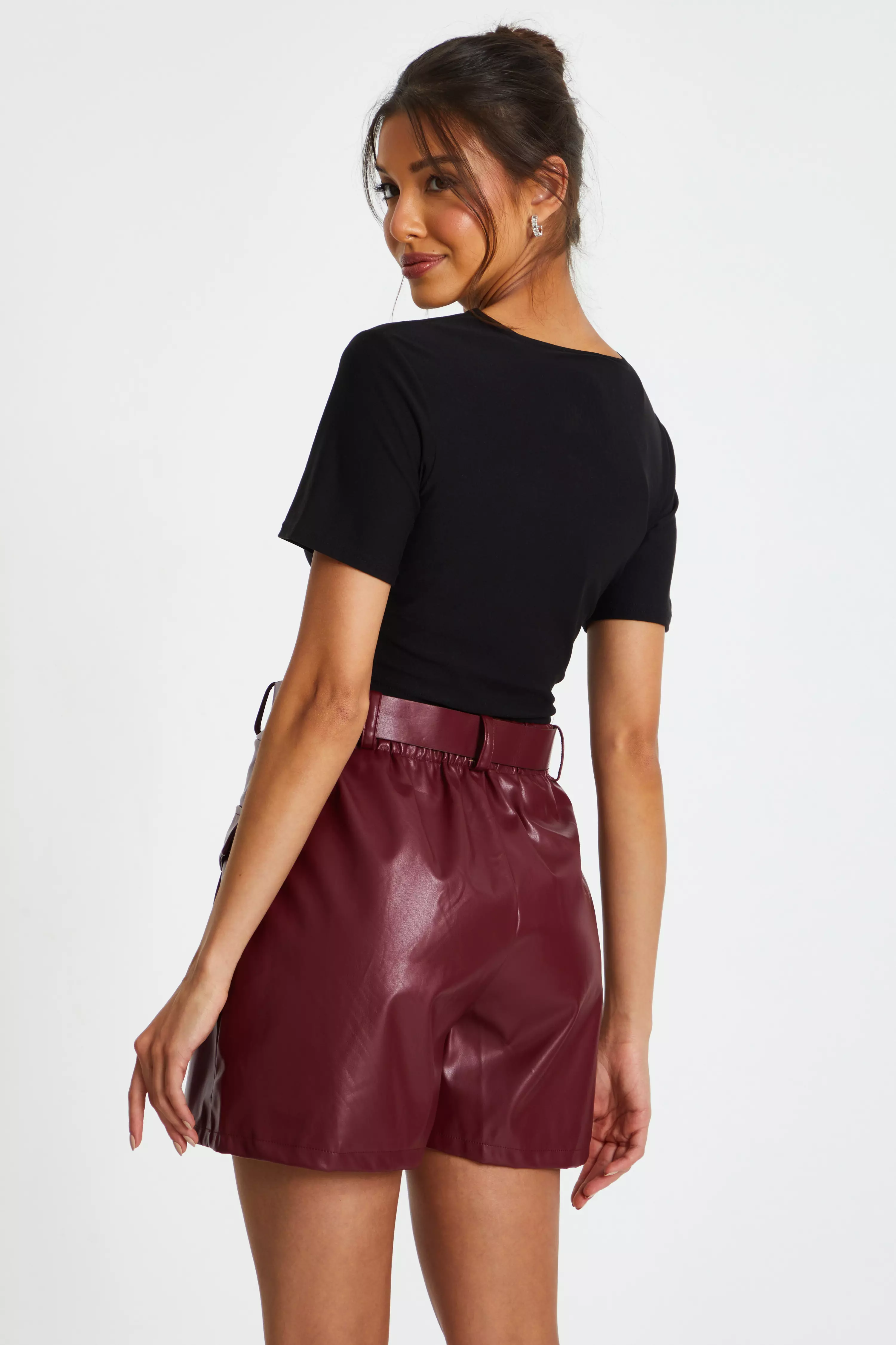 Dark Red Faux Leather Skort