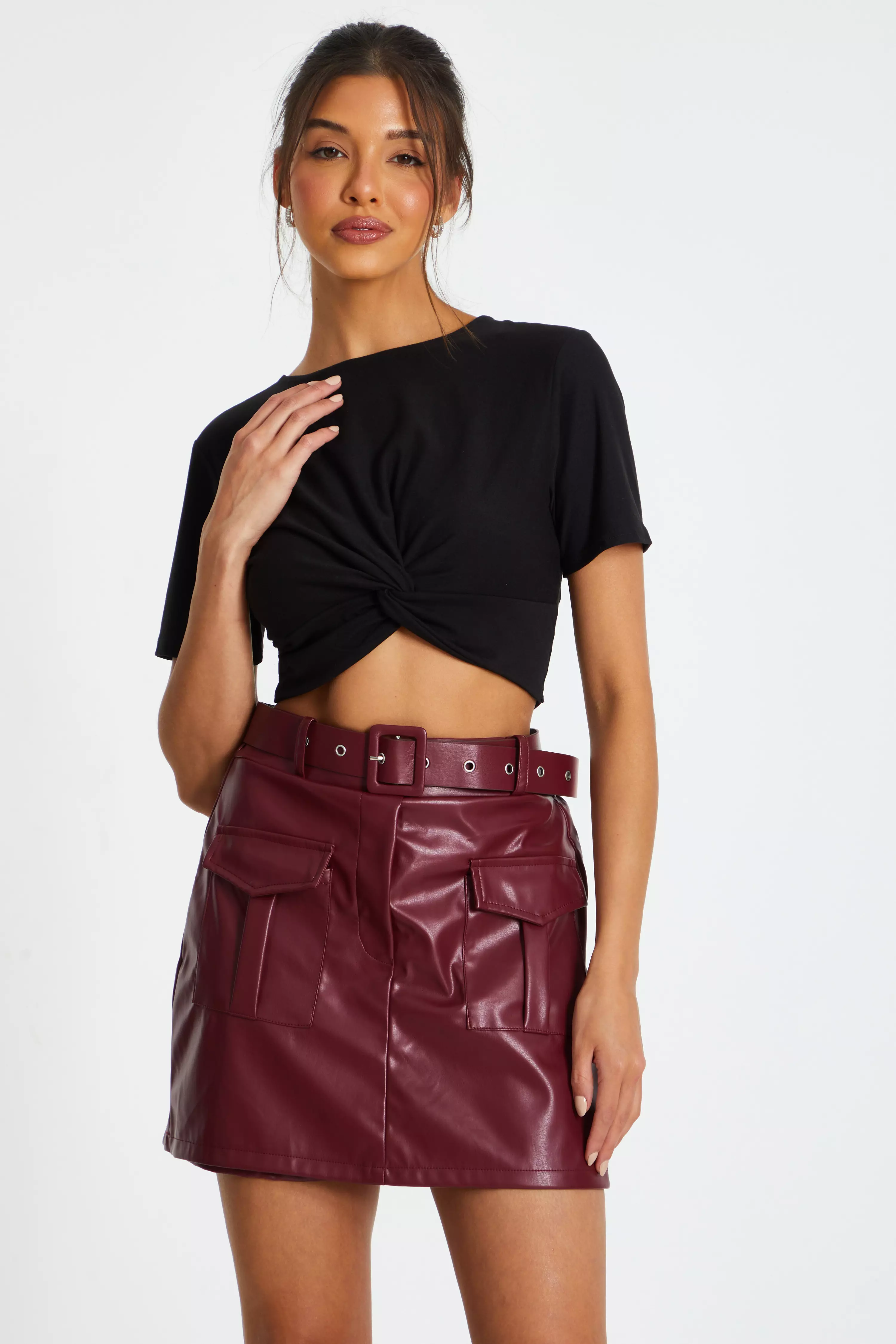 Dark Red Faux Leather Skort