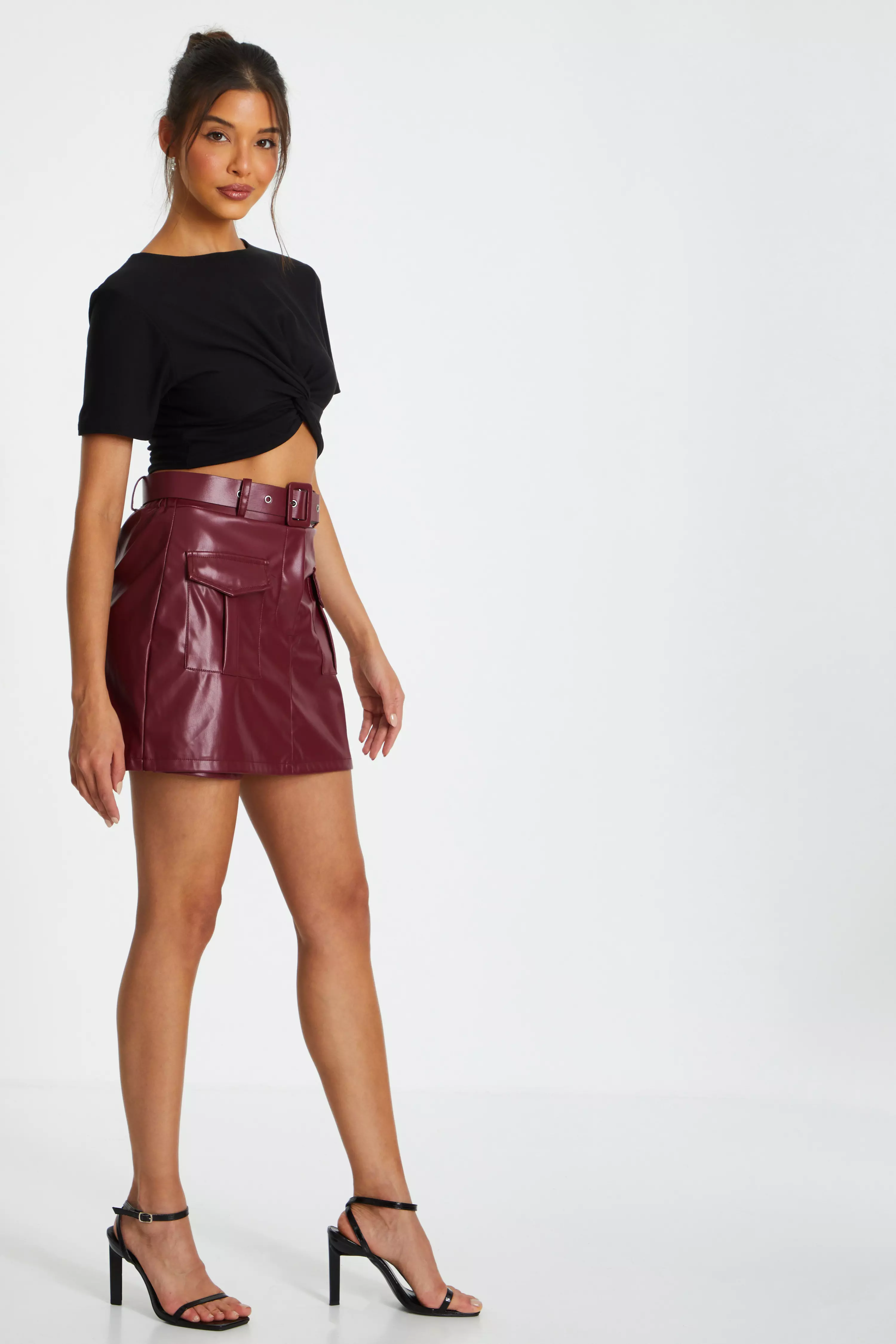 Dark Red Faux Leather Skort