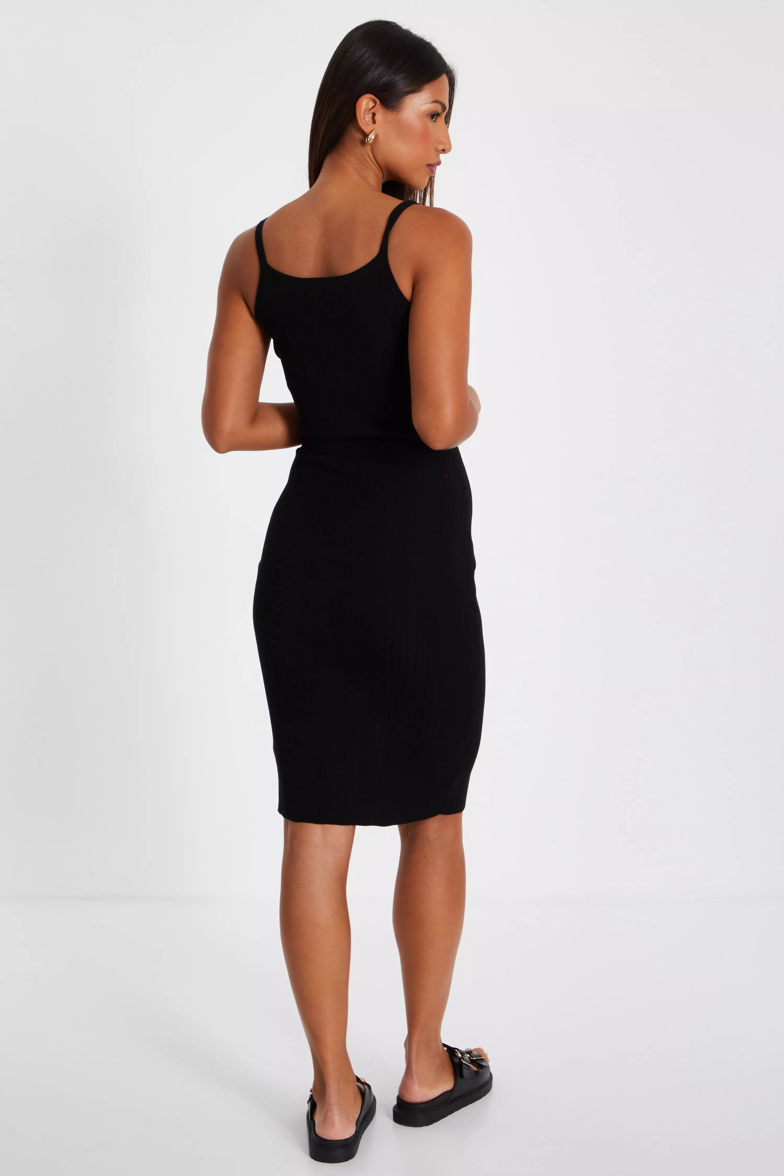 Black Knitted Button Front Midi Dress