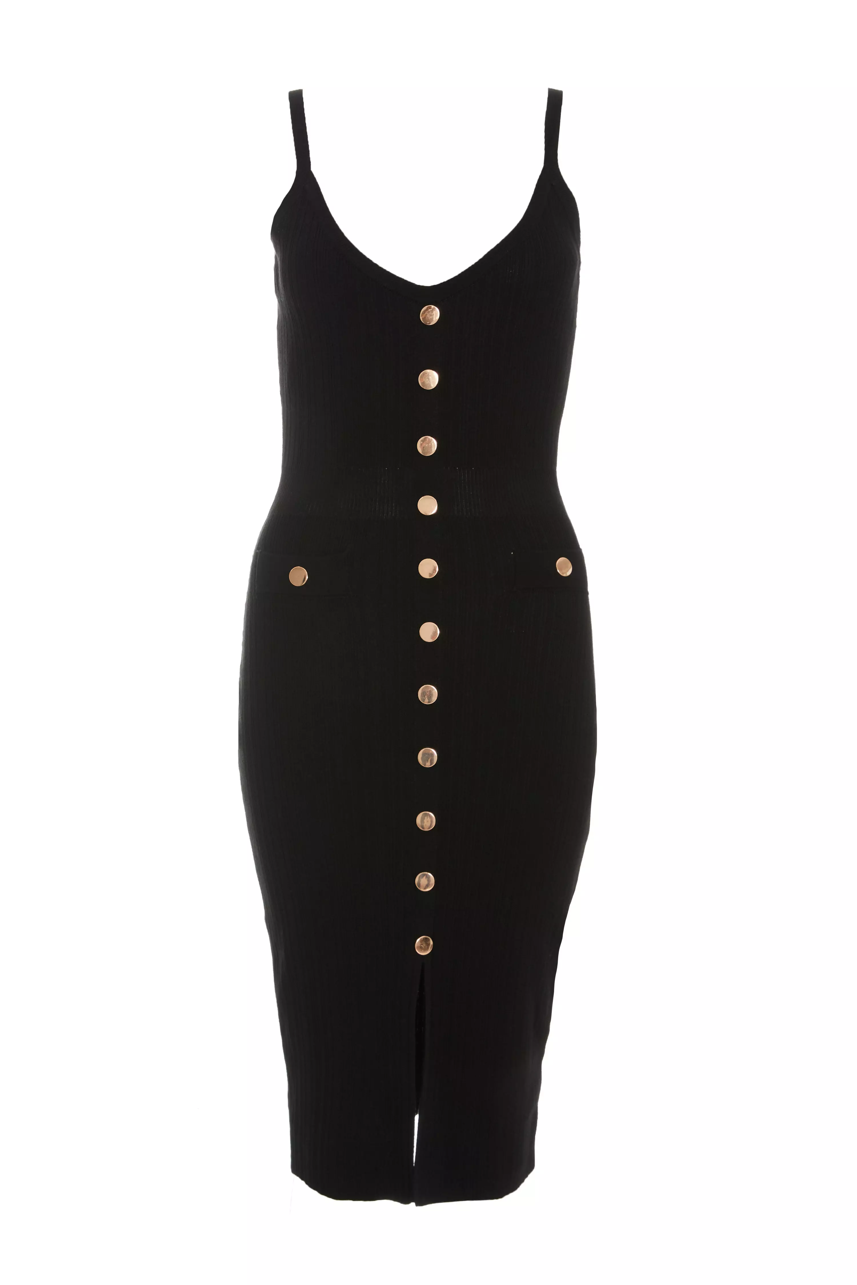 Black Knitted Button Front Midi Dress