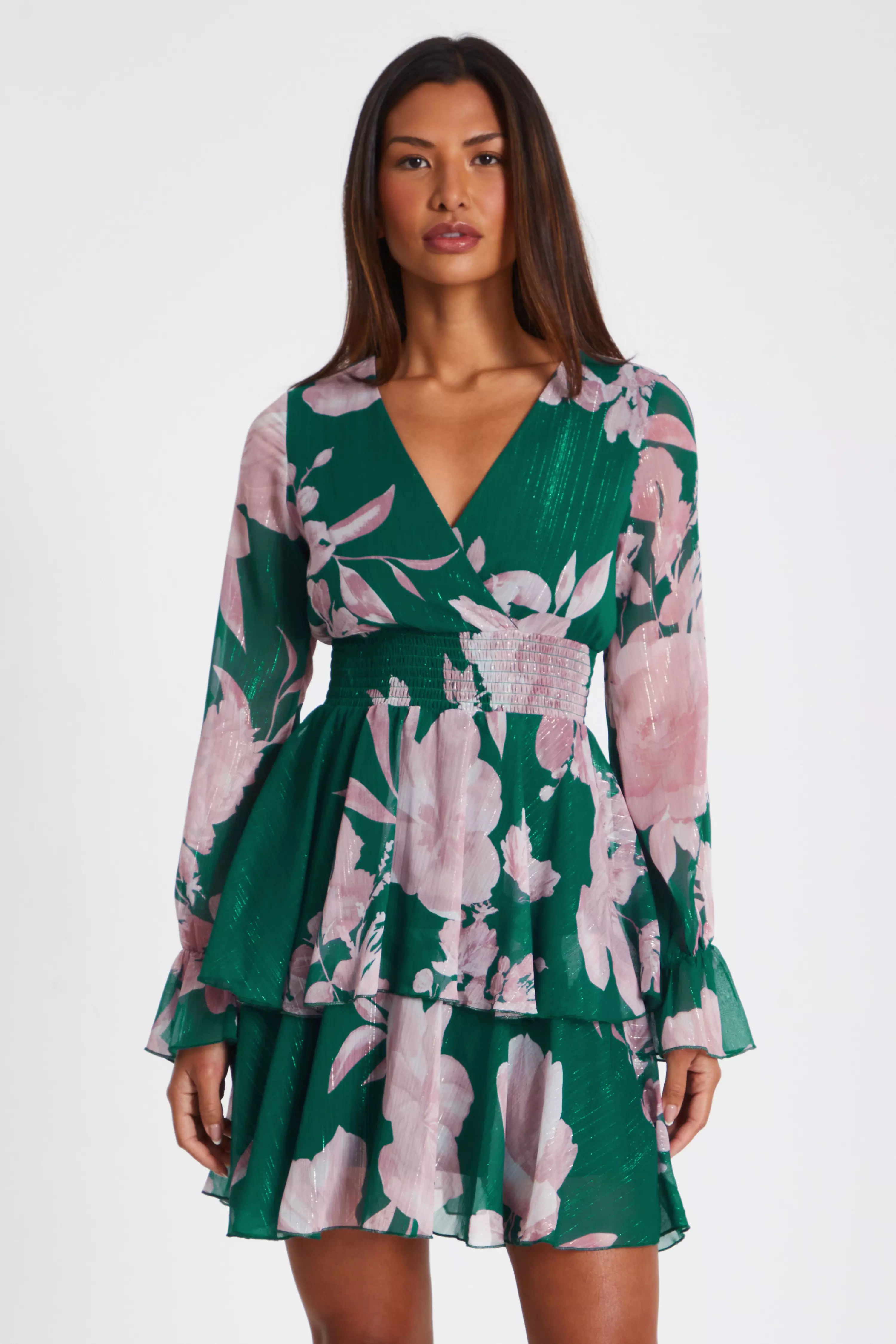 Bottle Green Floral Frill Skater Dress