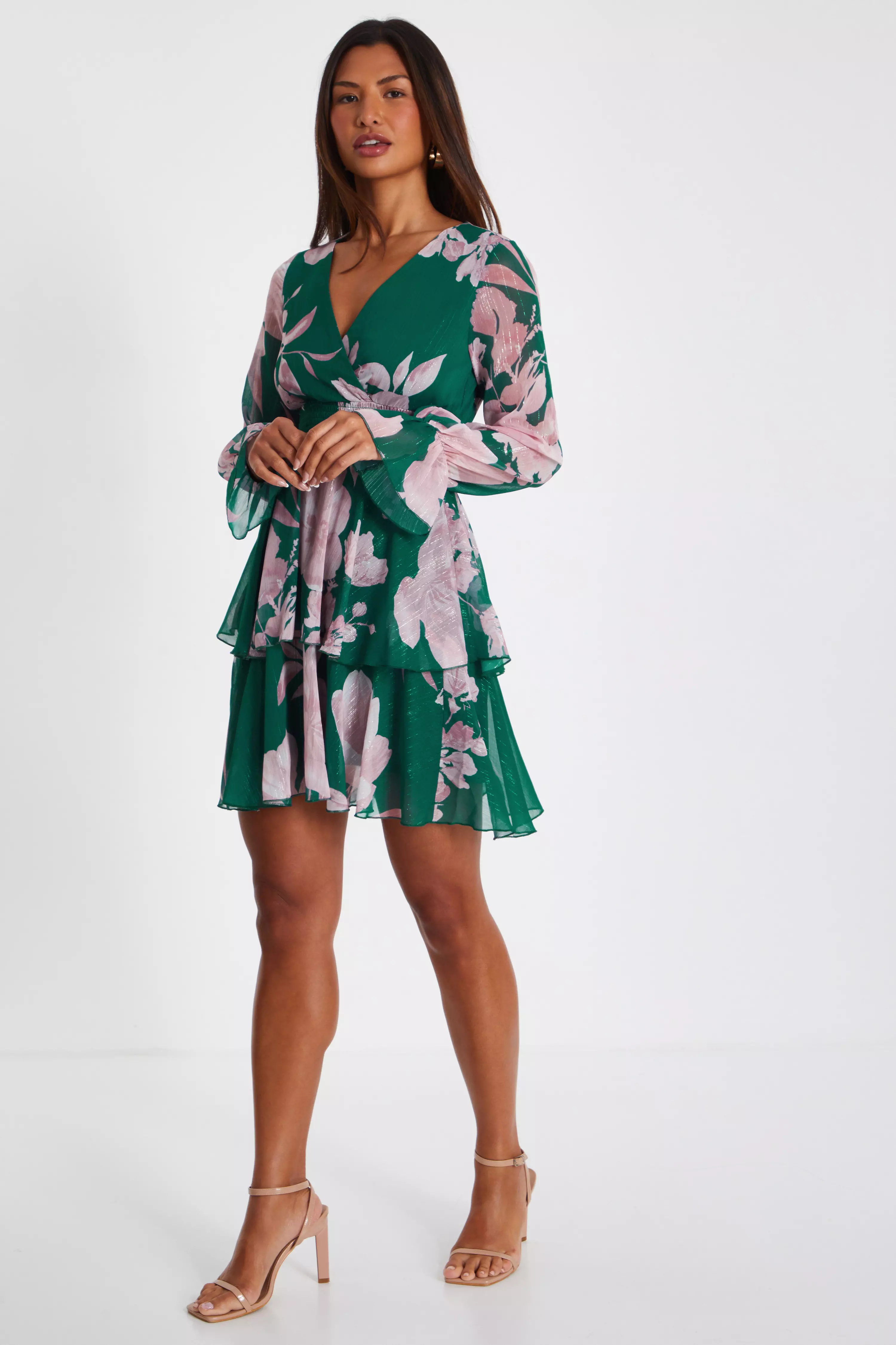 Bottle Green Floral Frill Skater Dress