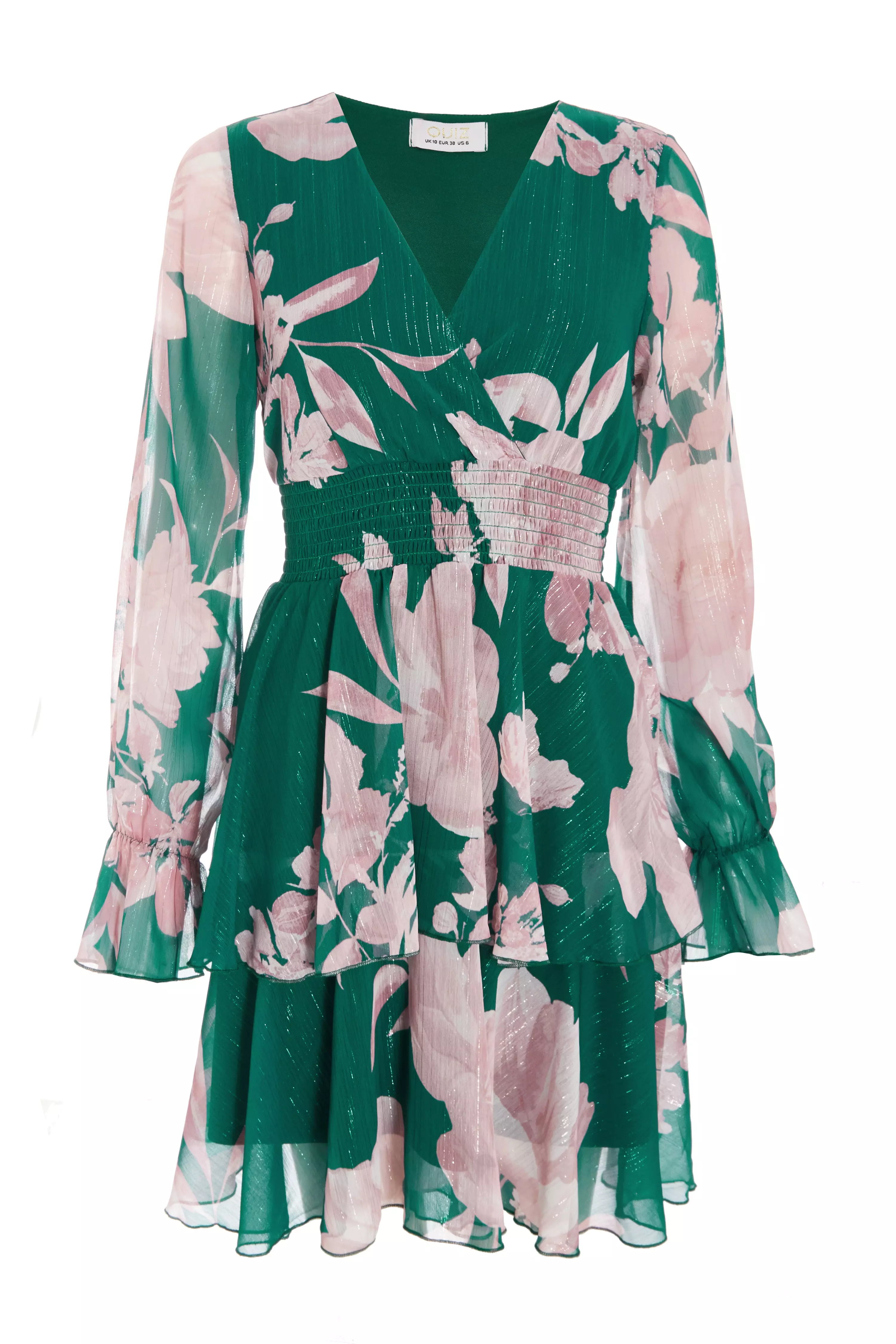 Bottle Green Floral Frill Skater Dress