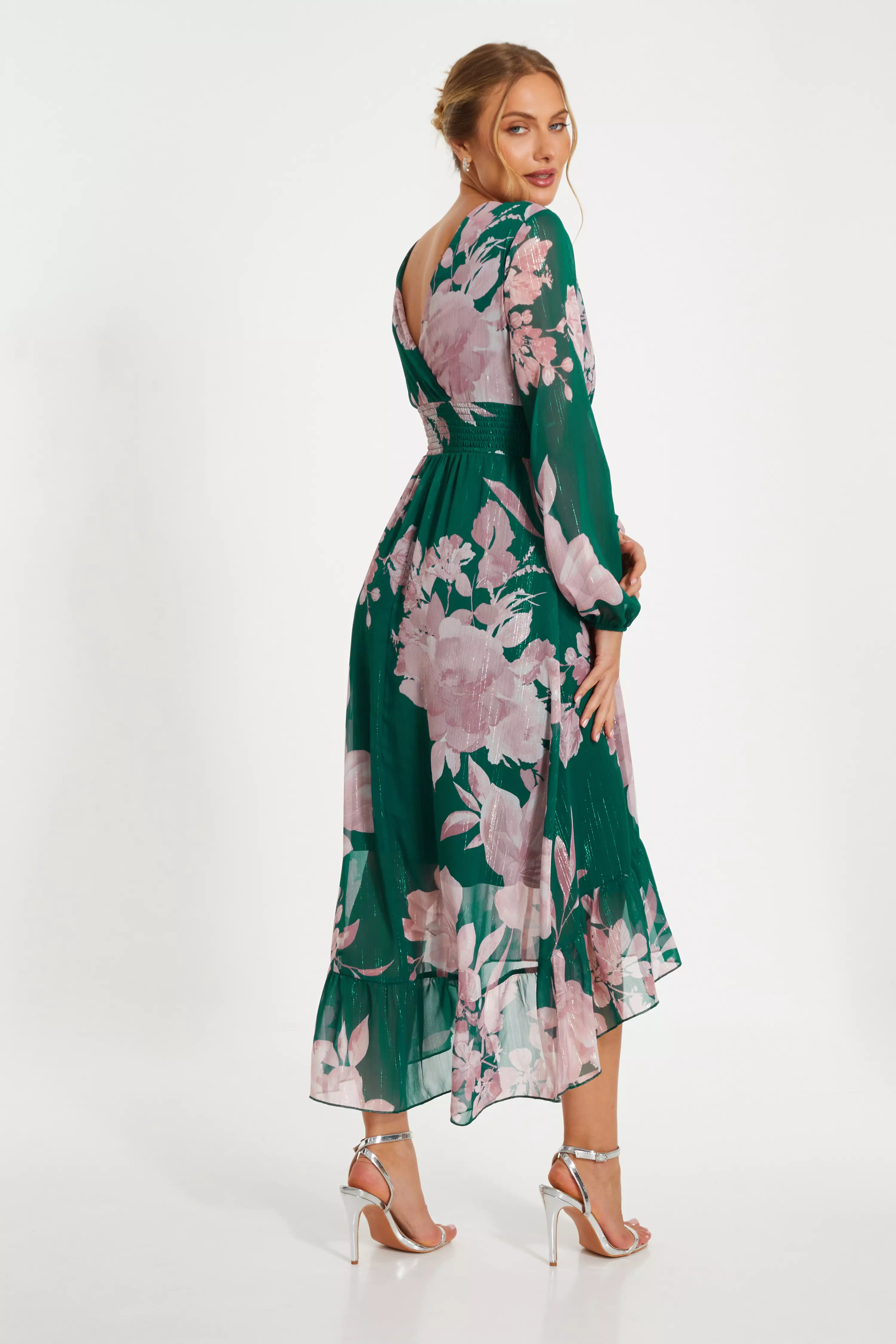 Bottle Green Floral Chiffon Midi Dress