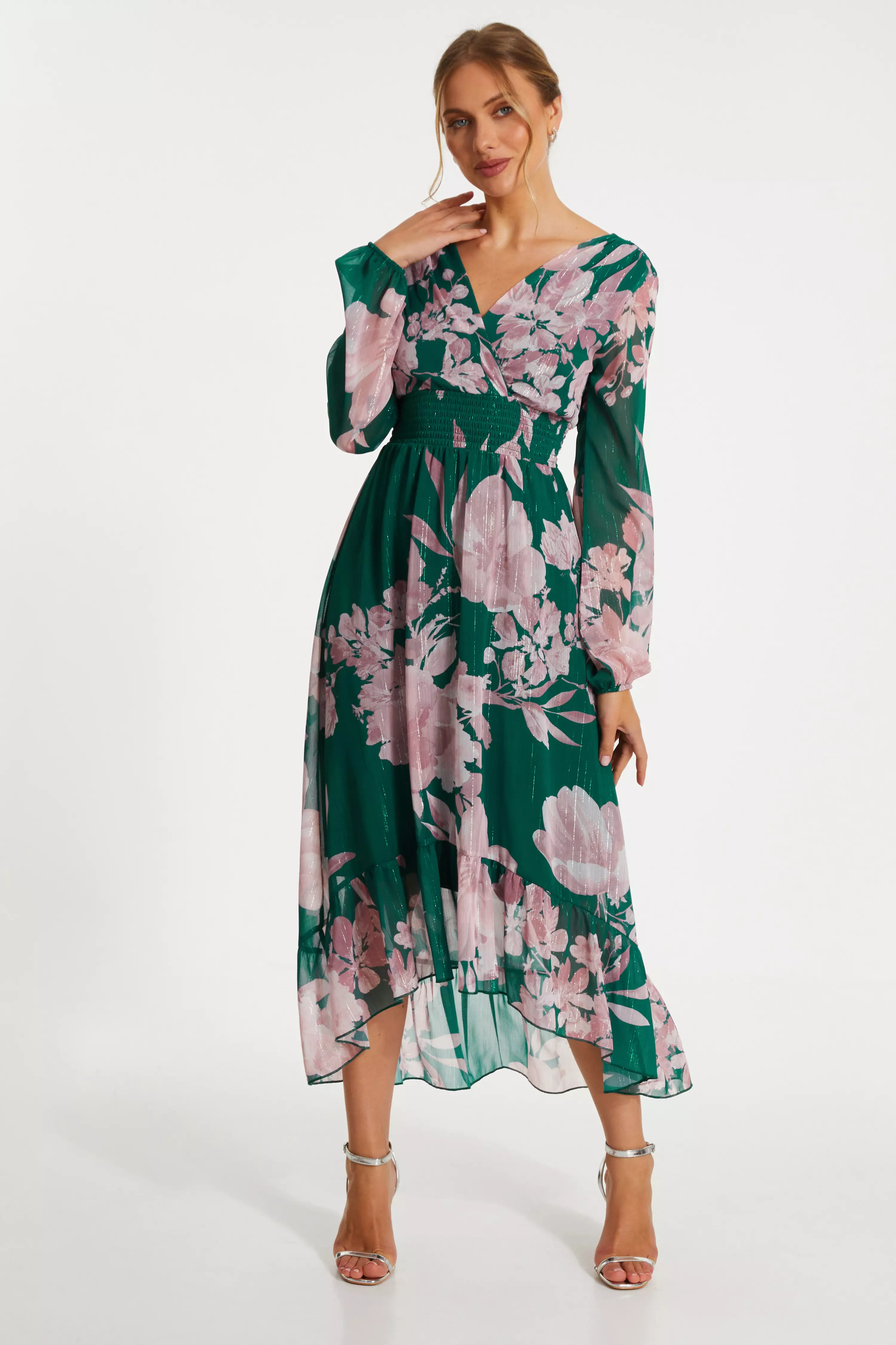 Bottle Green Floral Chiffon Midi Dress