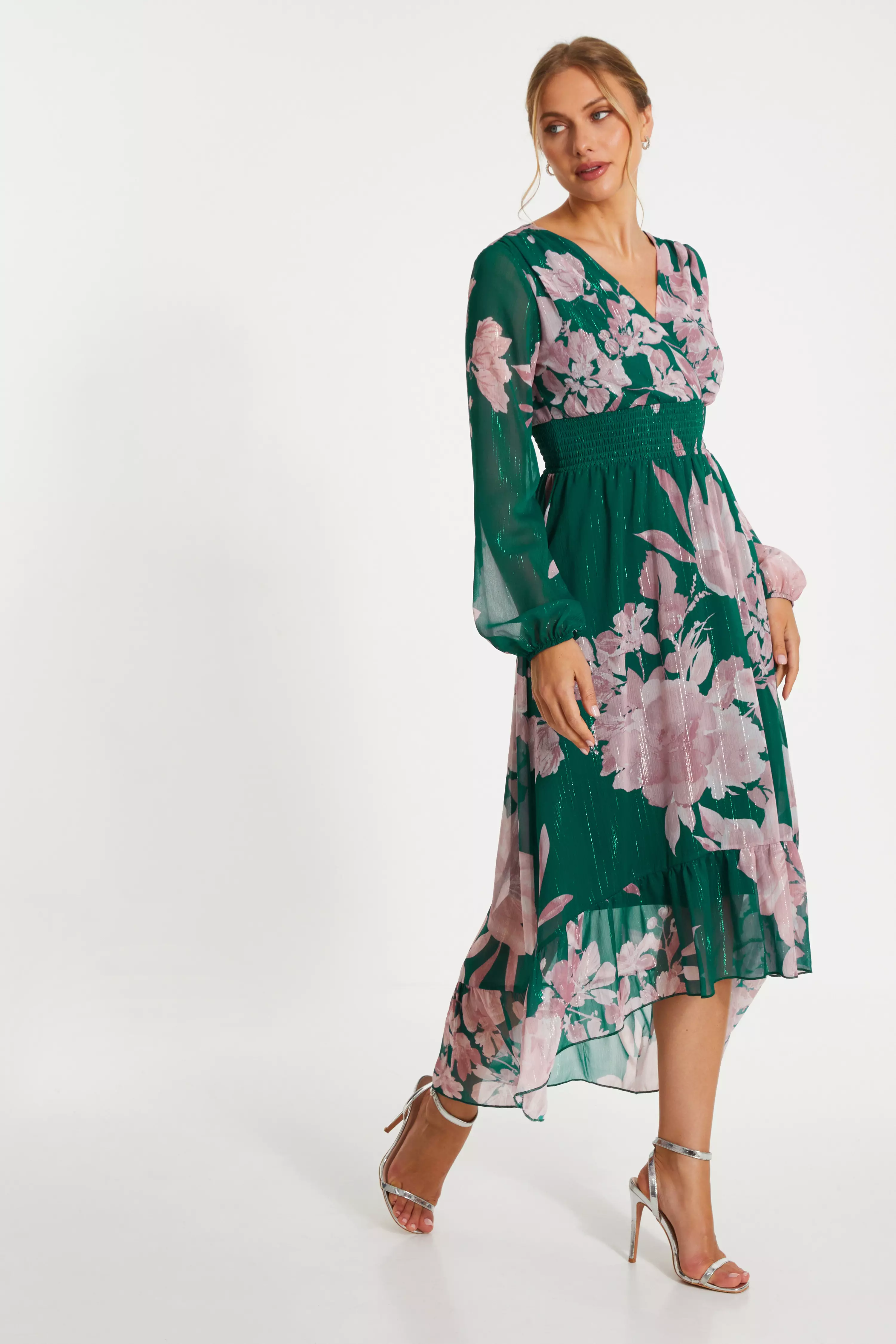 Bottle Green Floral Chiffon Midi Dress