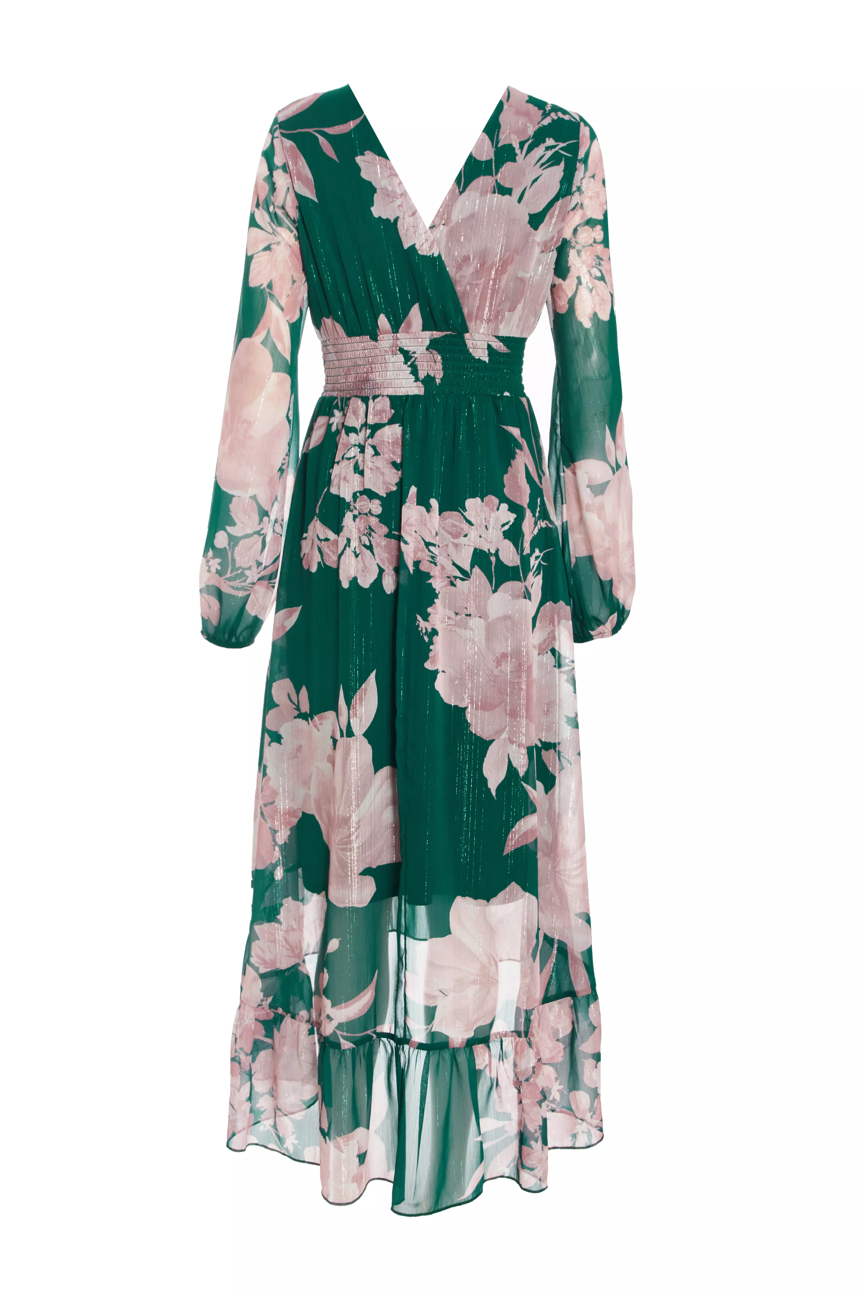 Bottle Green Floral Chiffon Midi Dress