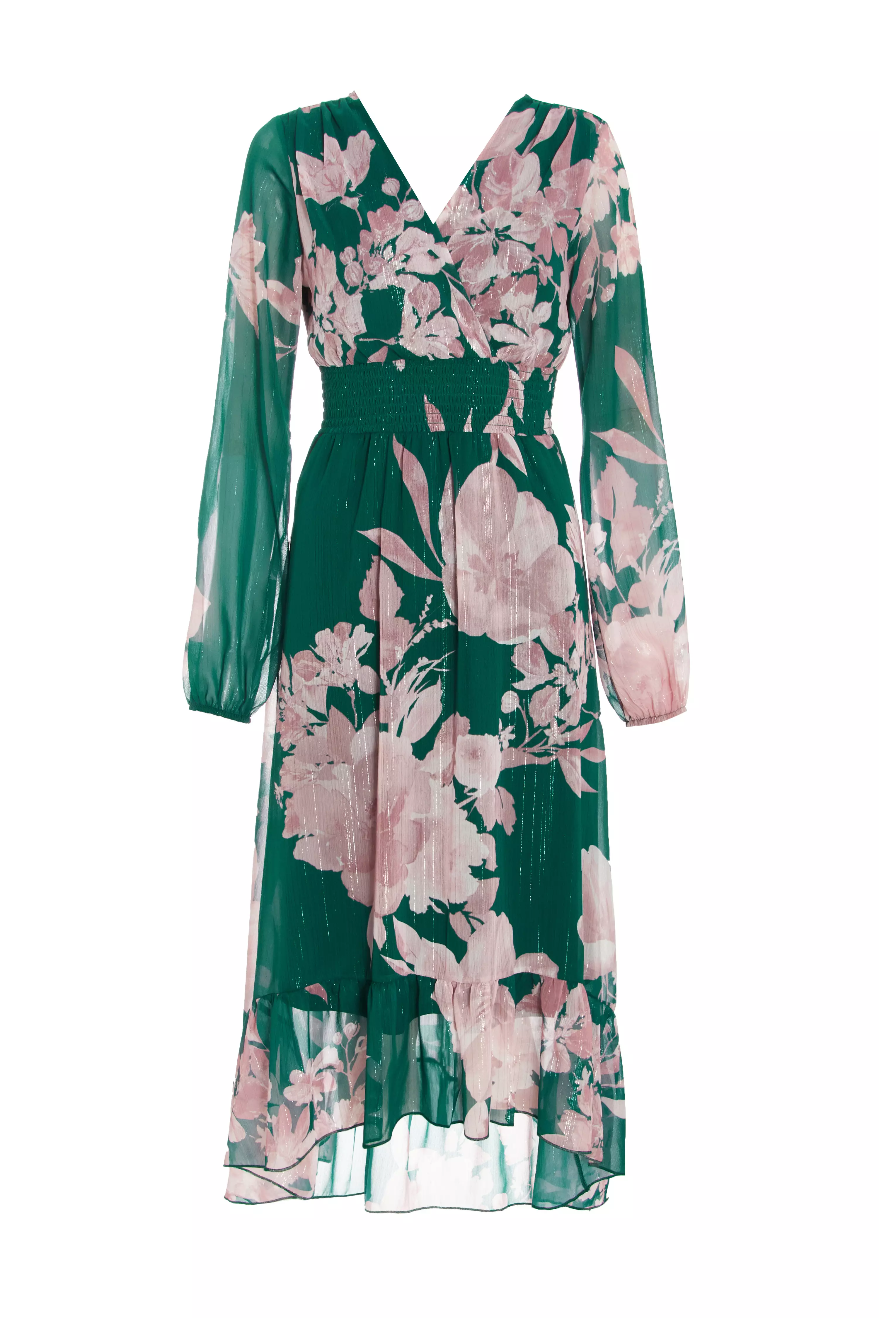 Bottle Green Floral Chiffon Midi Dress