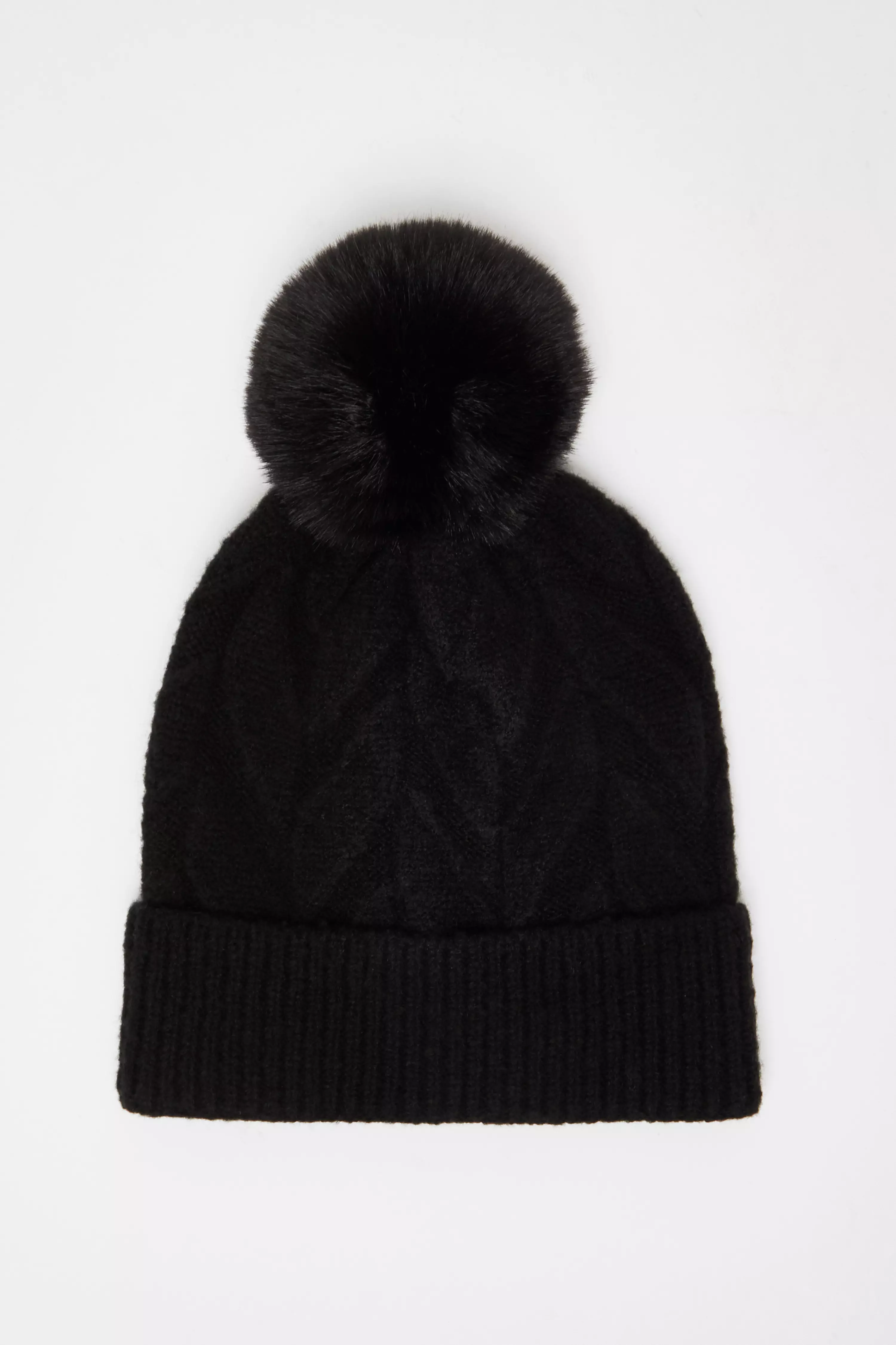 Black Pom Pom Knitted Hat 