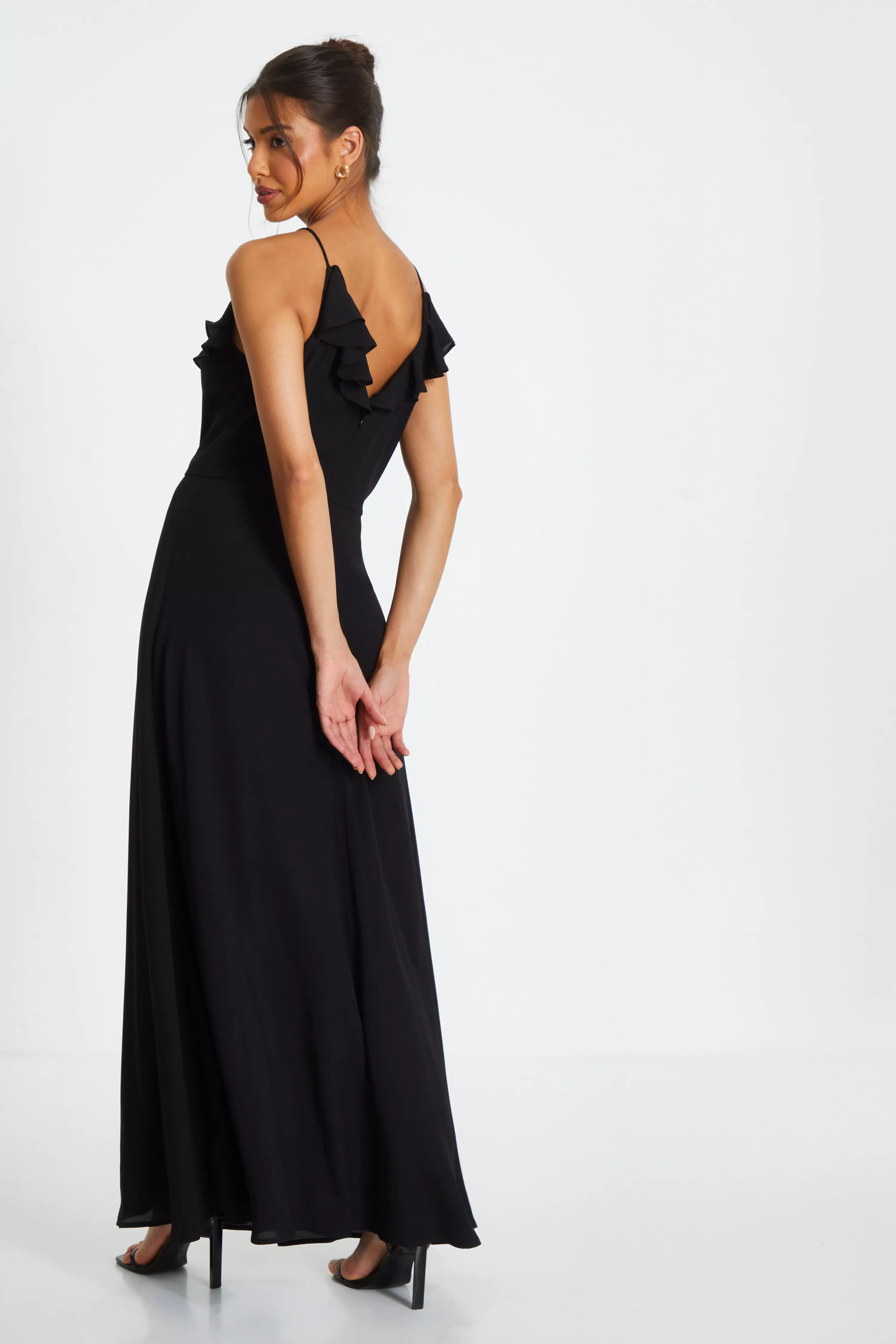 Black Strappy Ruffle Chiffon Maxi Dress