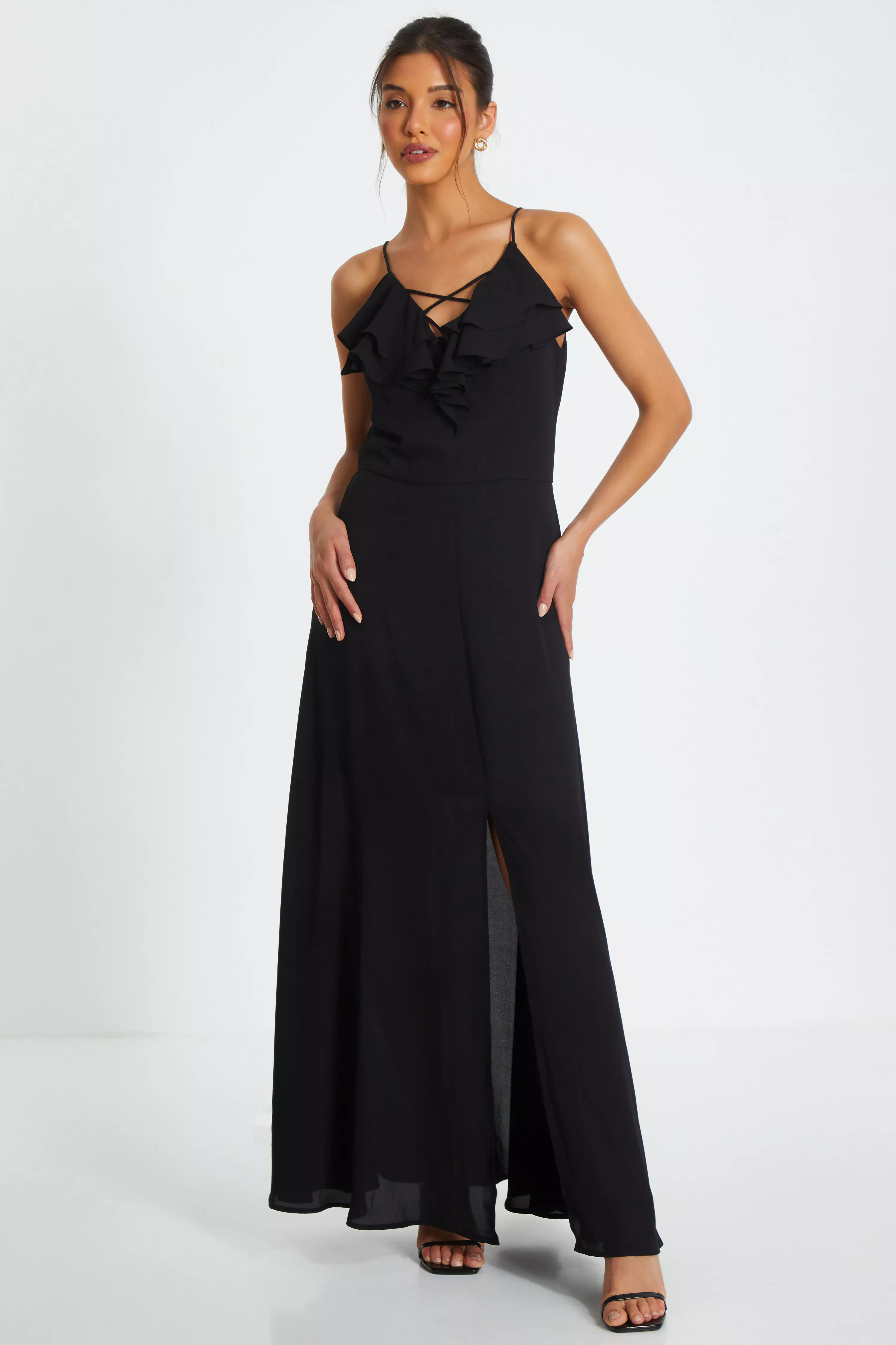 Black Strappy Ruffle Chiffon Maxi Dress