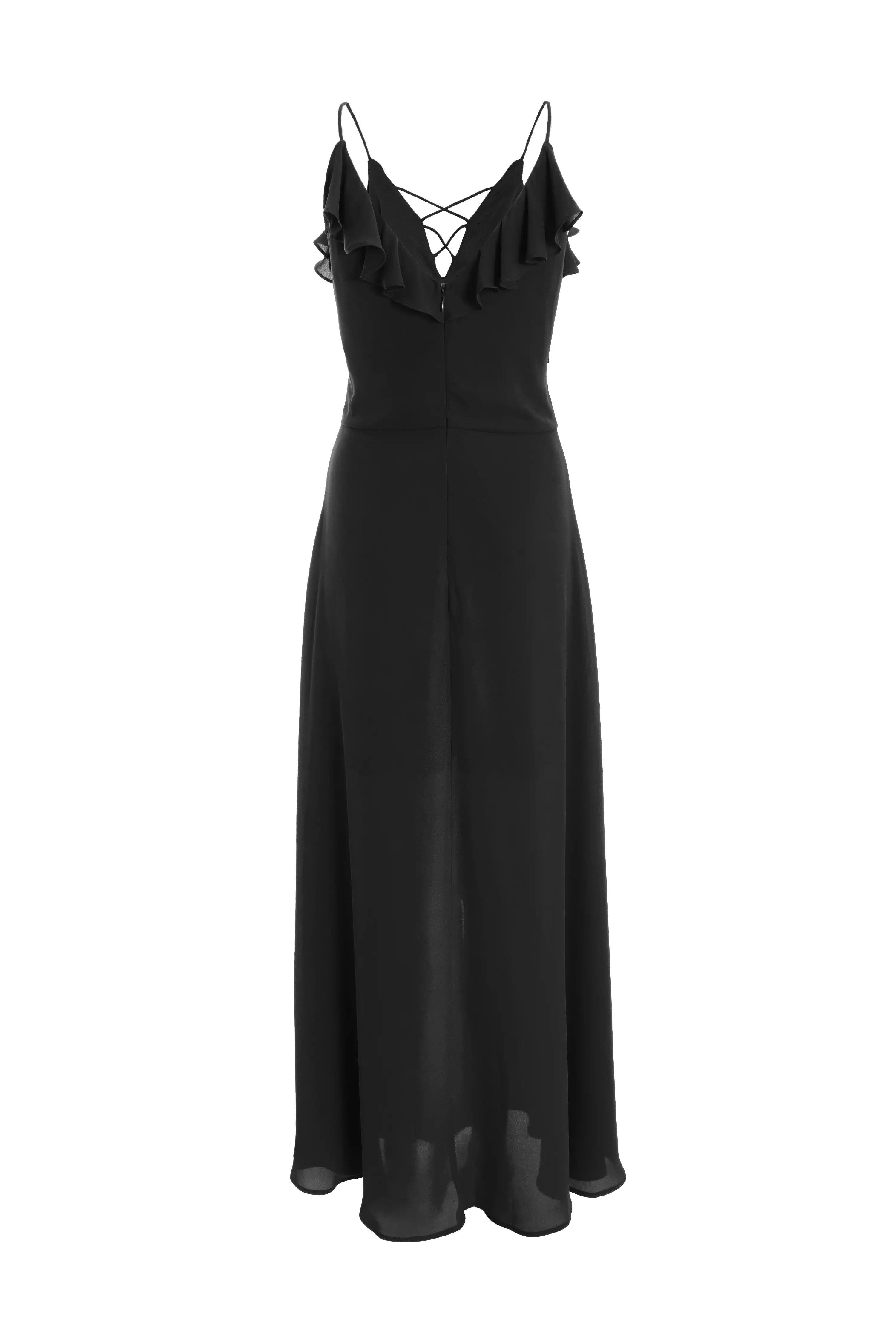 Black Strappy Ruffle Chiffon Maxi Dress