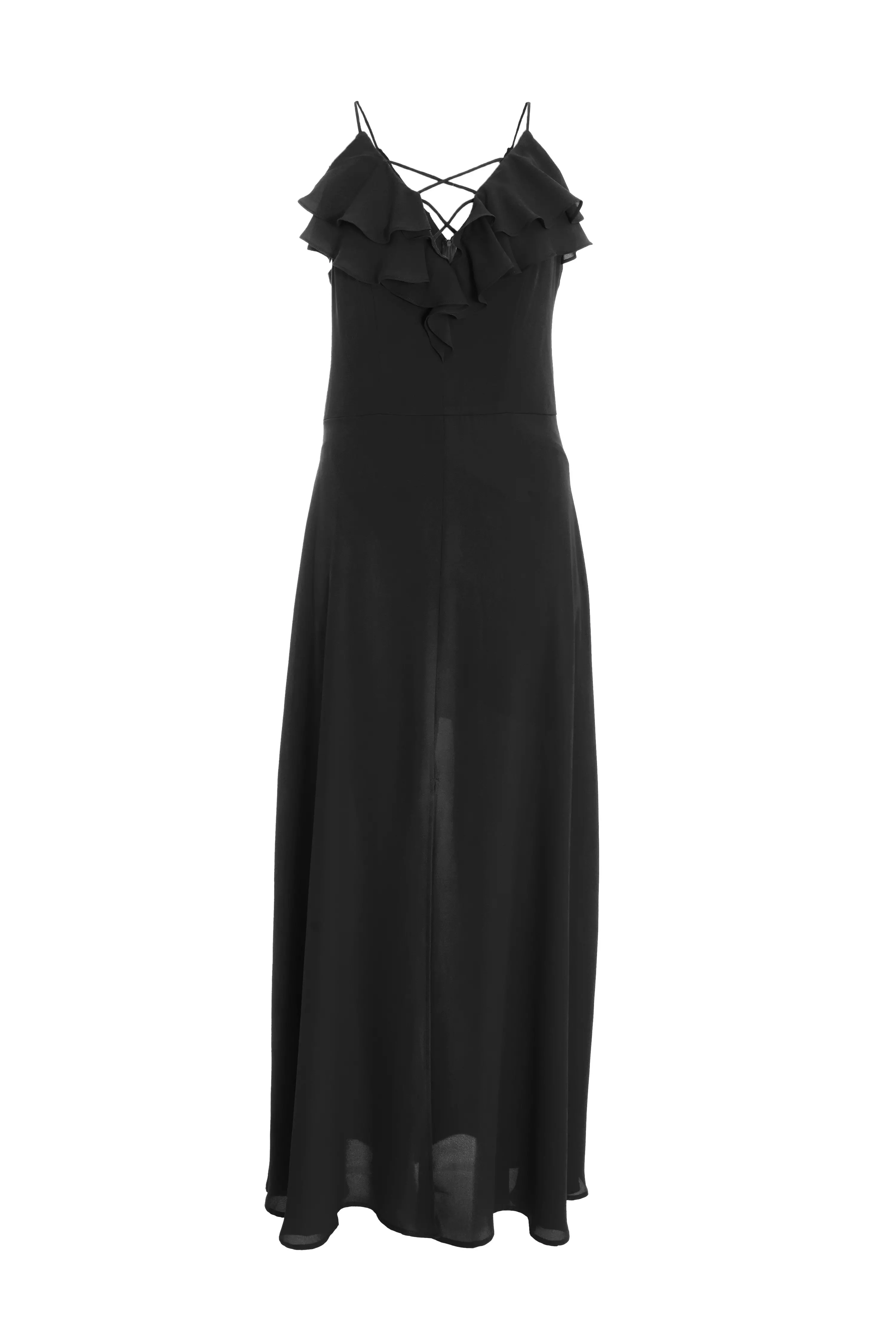 Black Strappy Ruffle Chiffon Maxi Dress