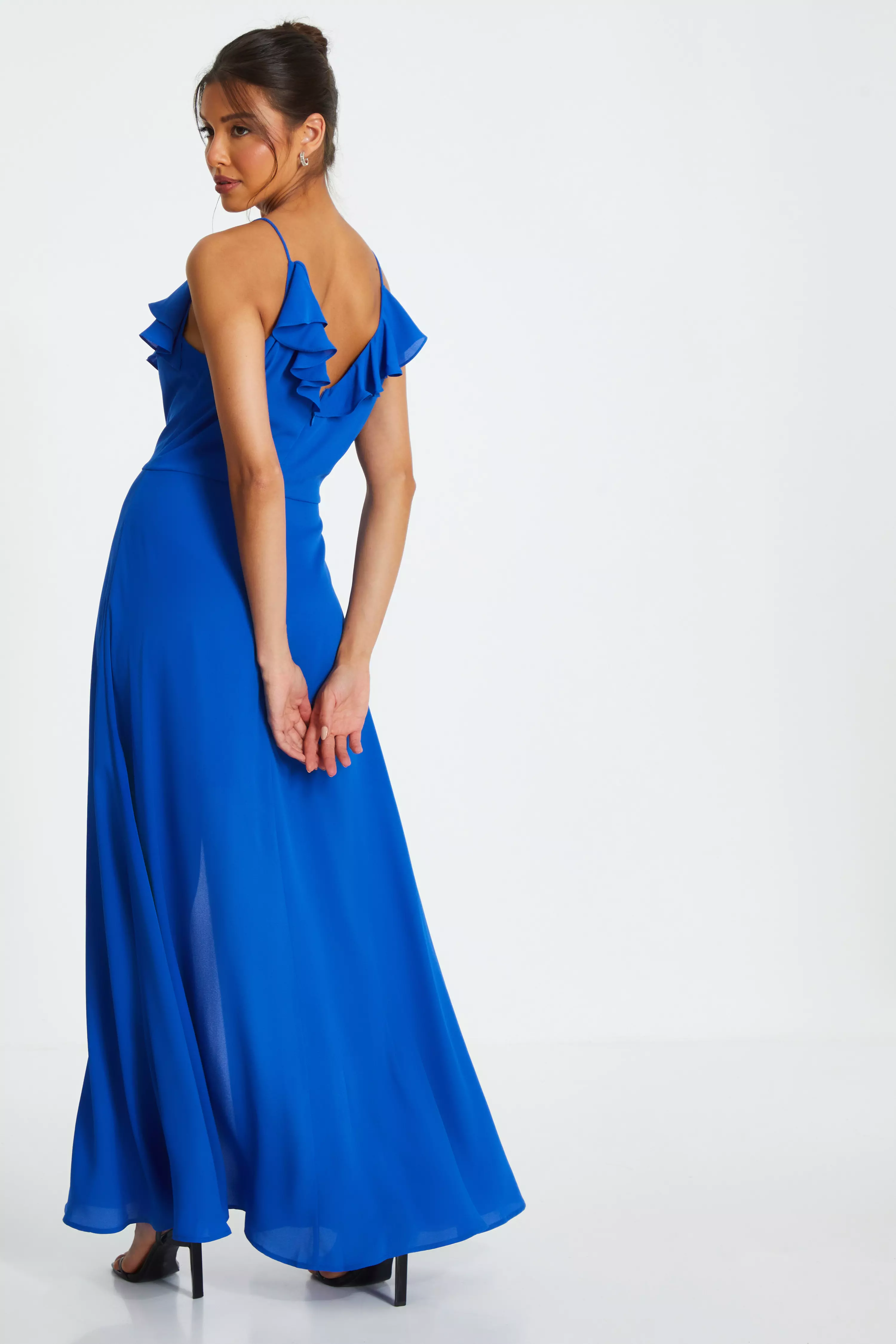 Blue Strappy Ruffle Chiffon Maxi Dress