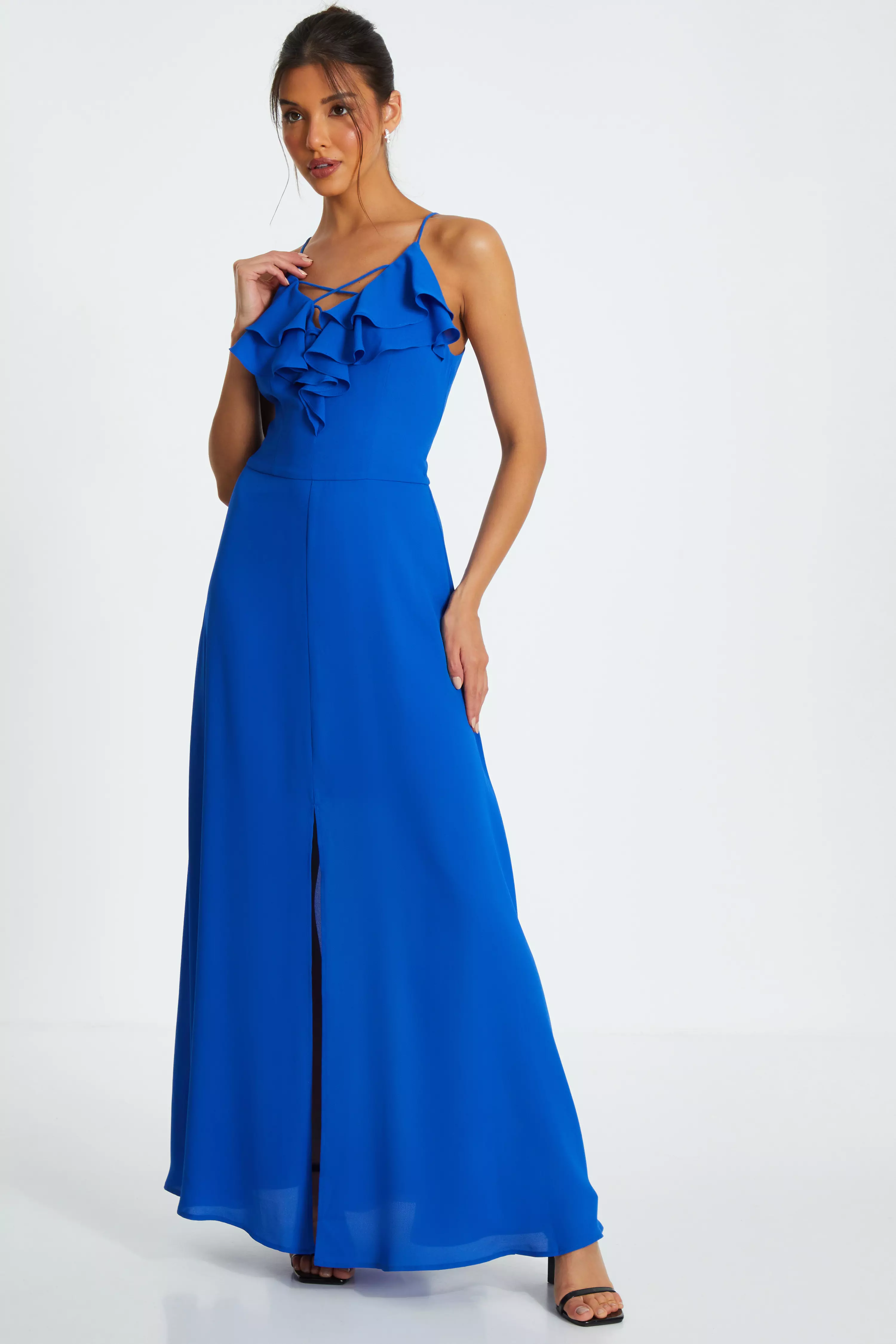 Blue Strappy Ruffle Chiffon Maxi Dress