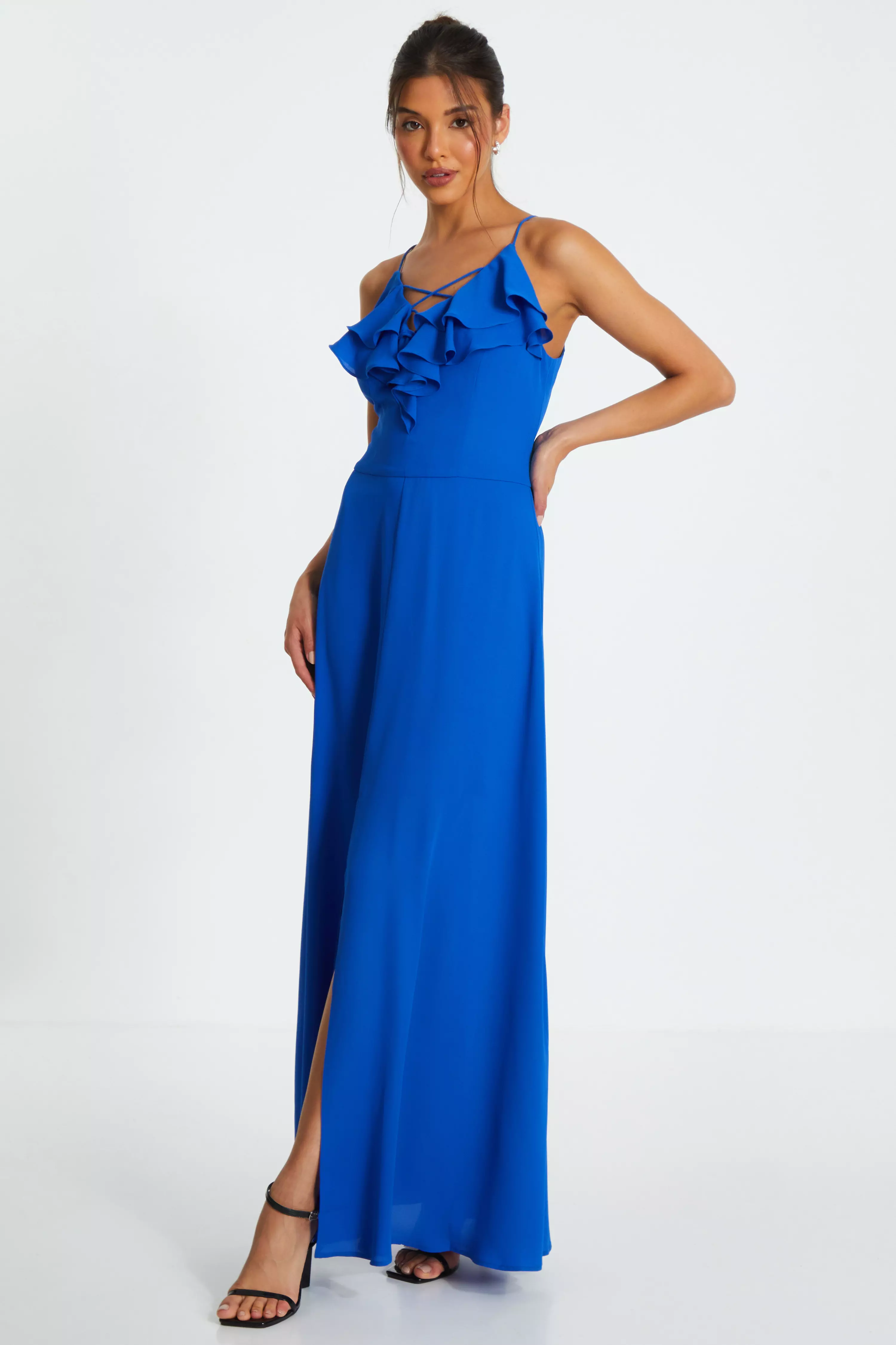 Blue Strappy Ruffle Chiffon Maxi Dress