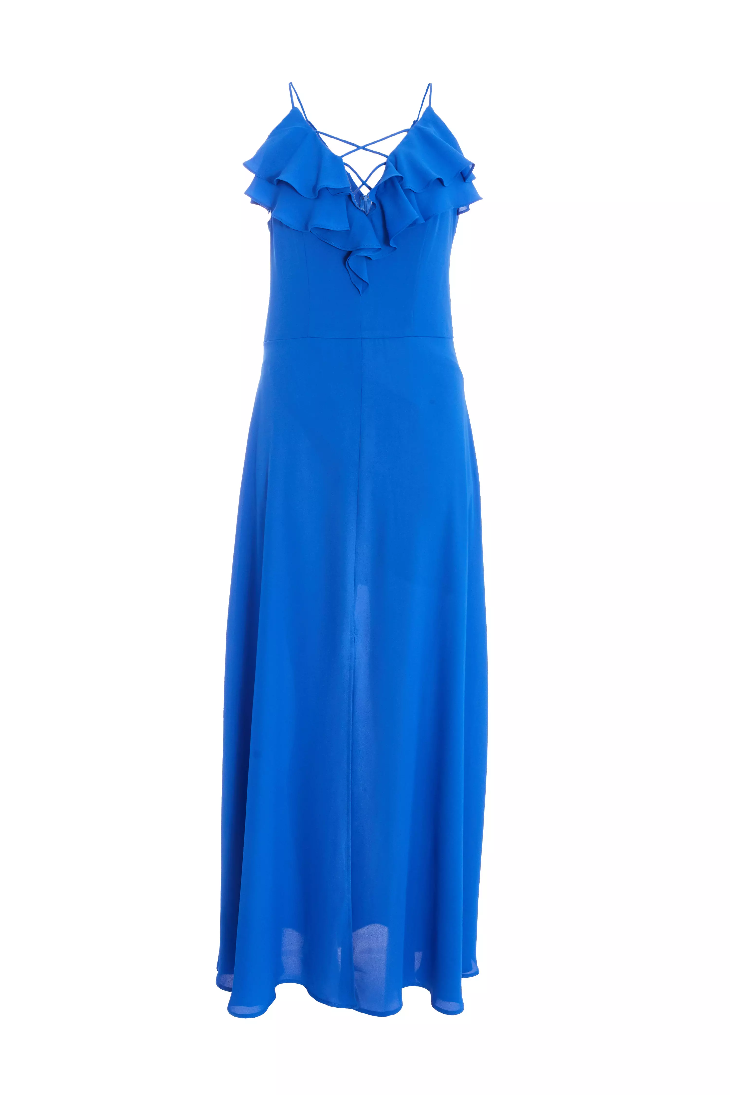 Blue Strappy Ruffle Chiffon Maxi Dress