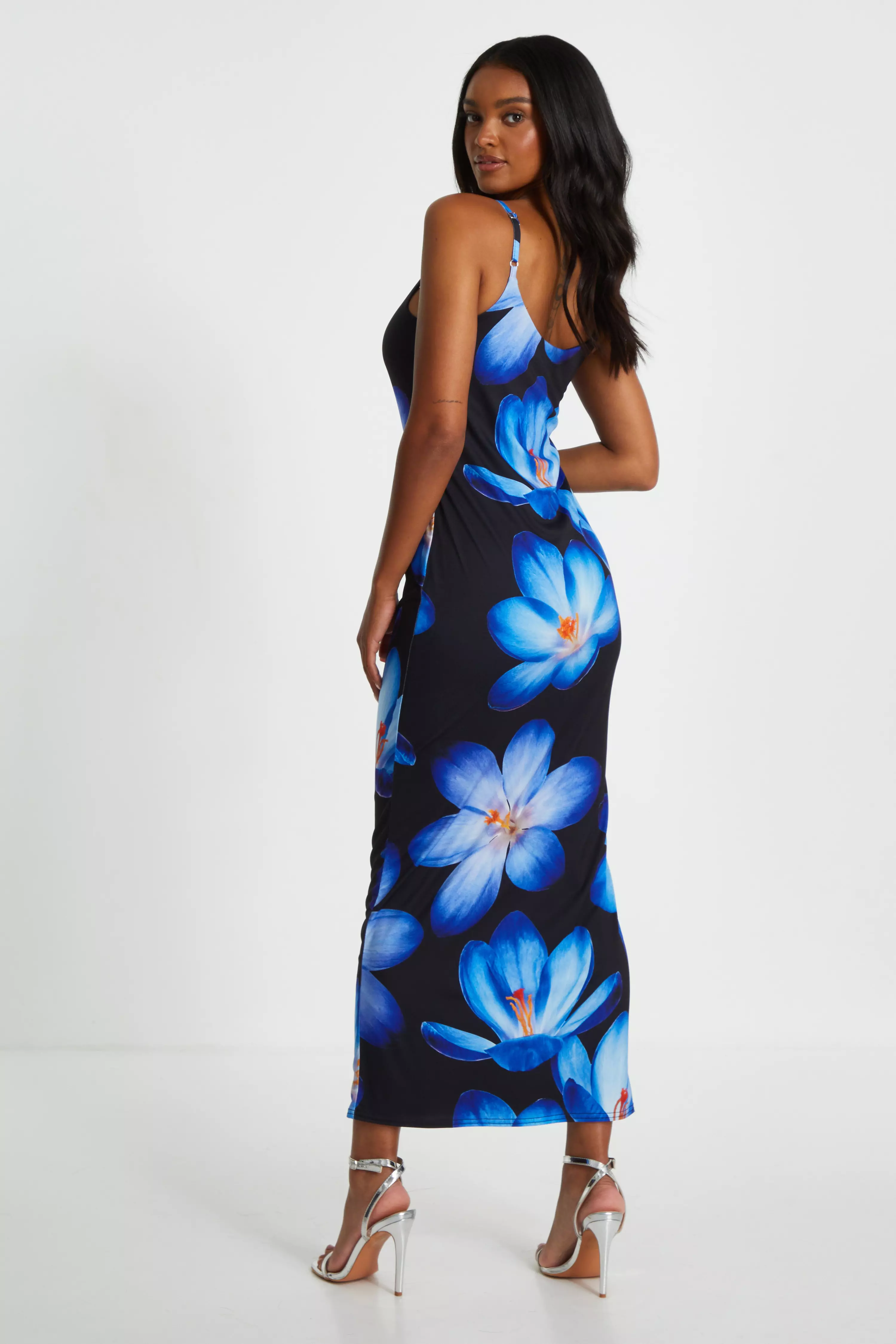 Blue Bold Floral Print Bodycon Maxi Dress