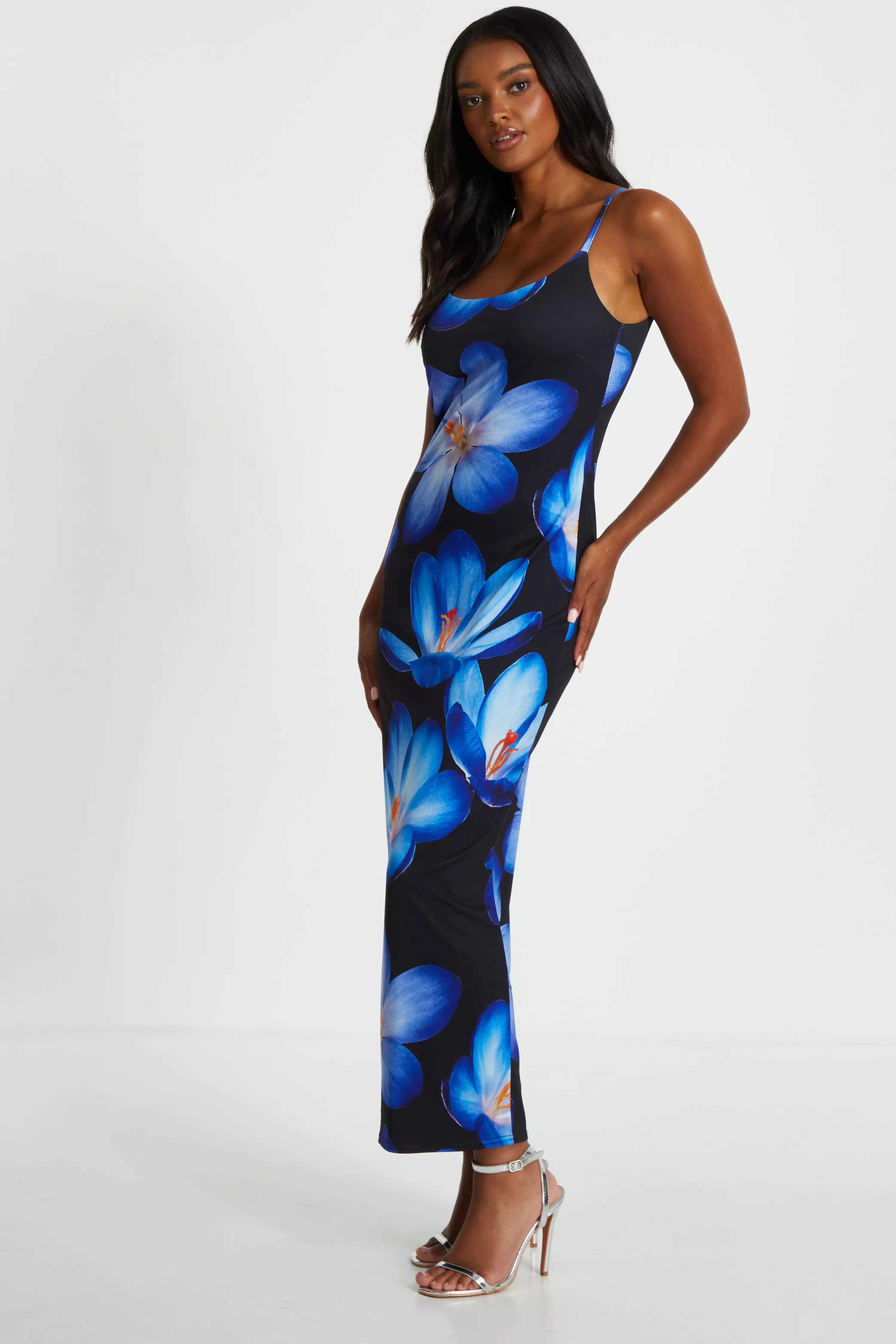 Blue Bold Floral Print Bodycon Maxi Dress