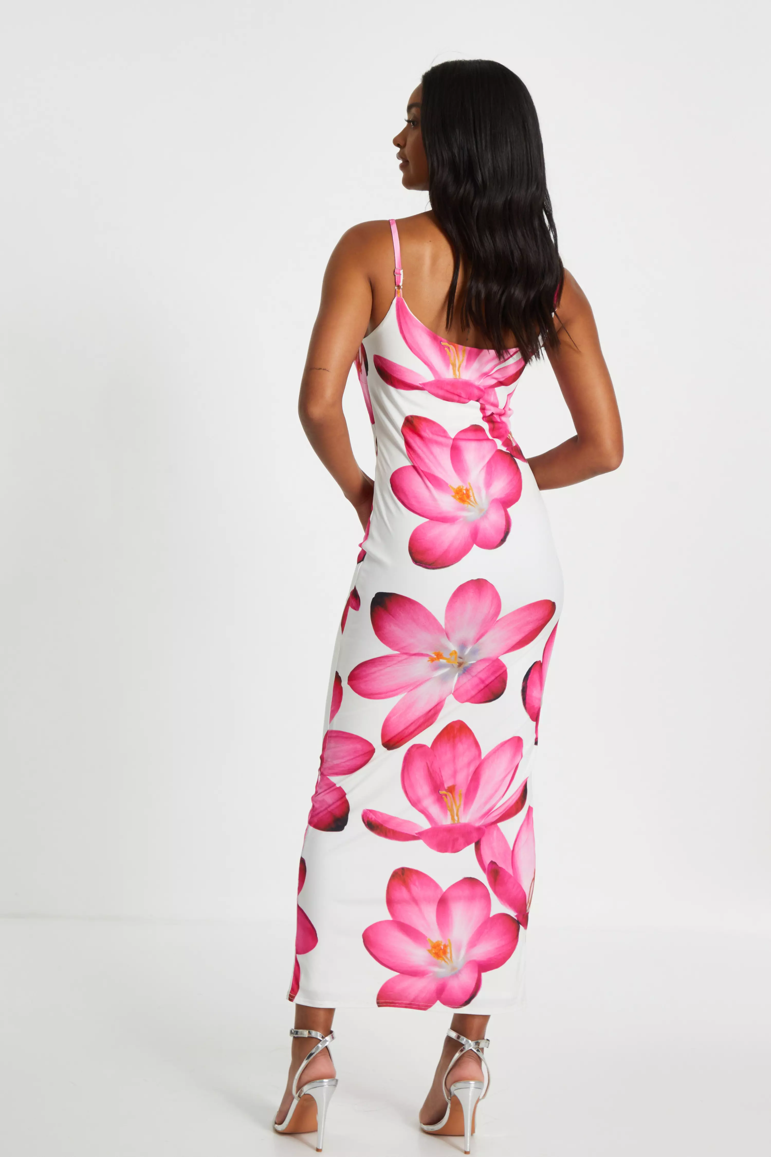 Pink Bold Floral Print Bodycon Maxi Dress