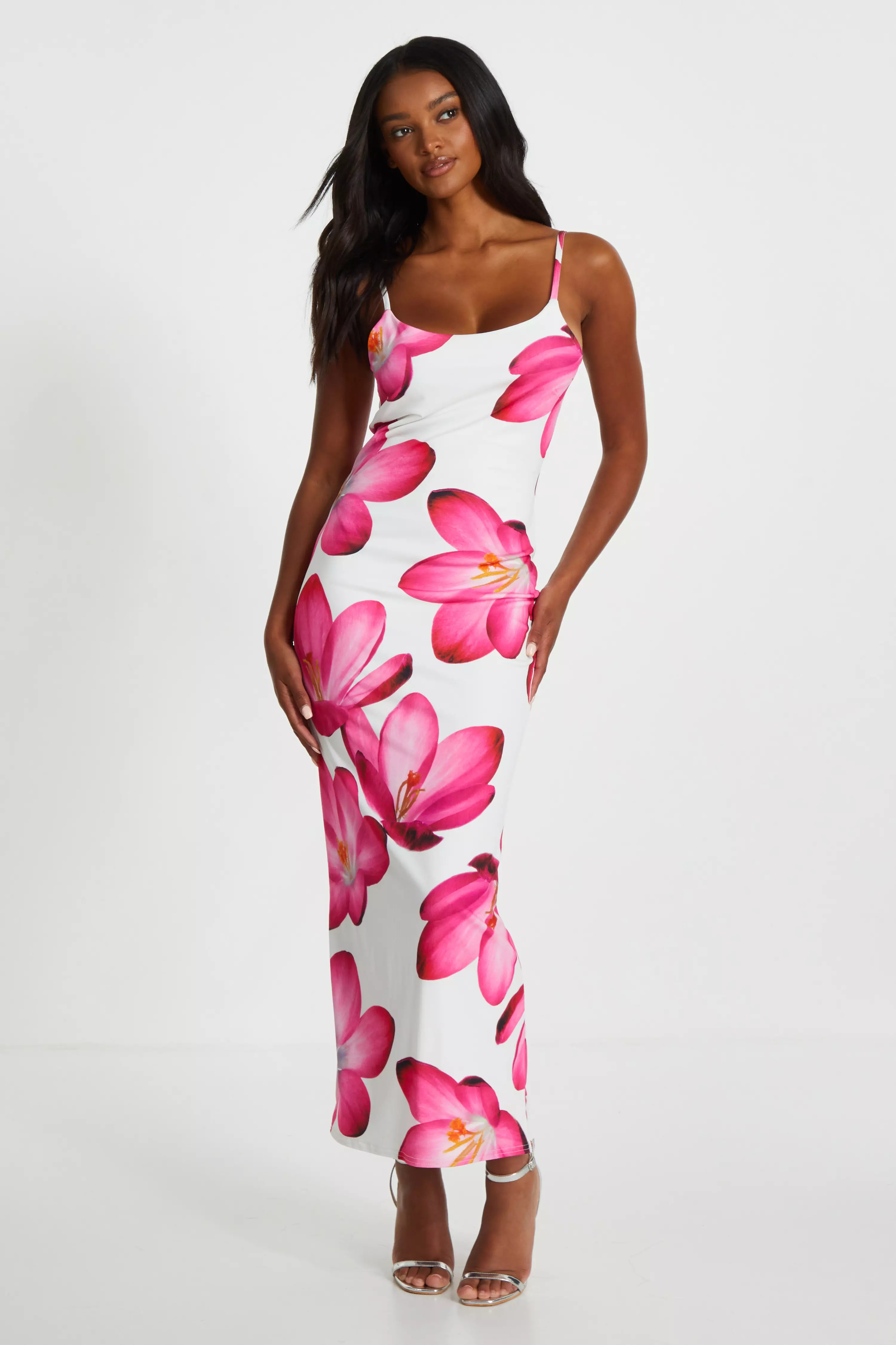 Pink Bold Floral Print Bodycon Maxi Dress