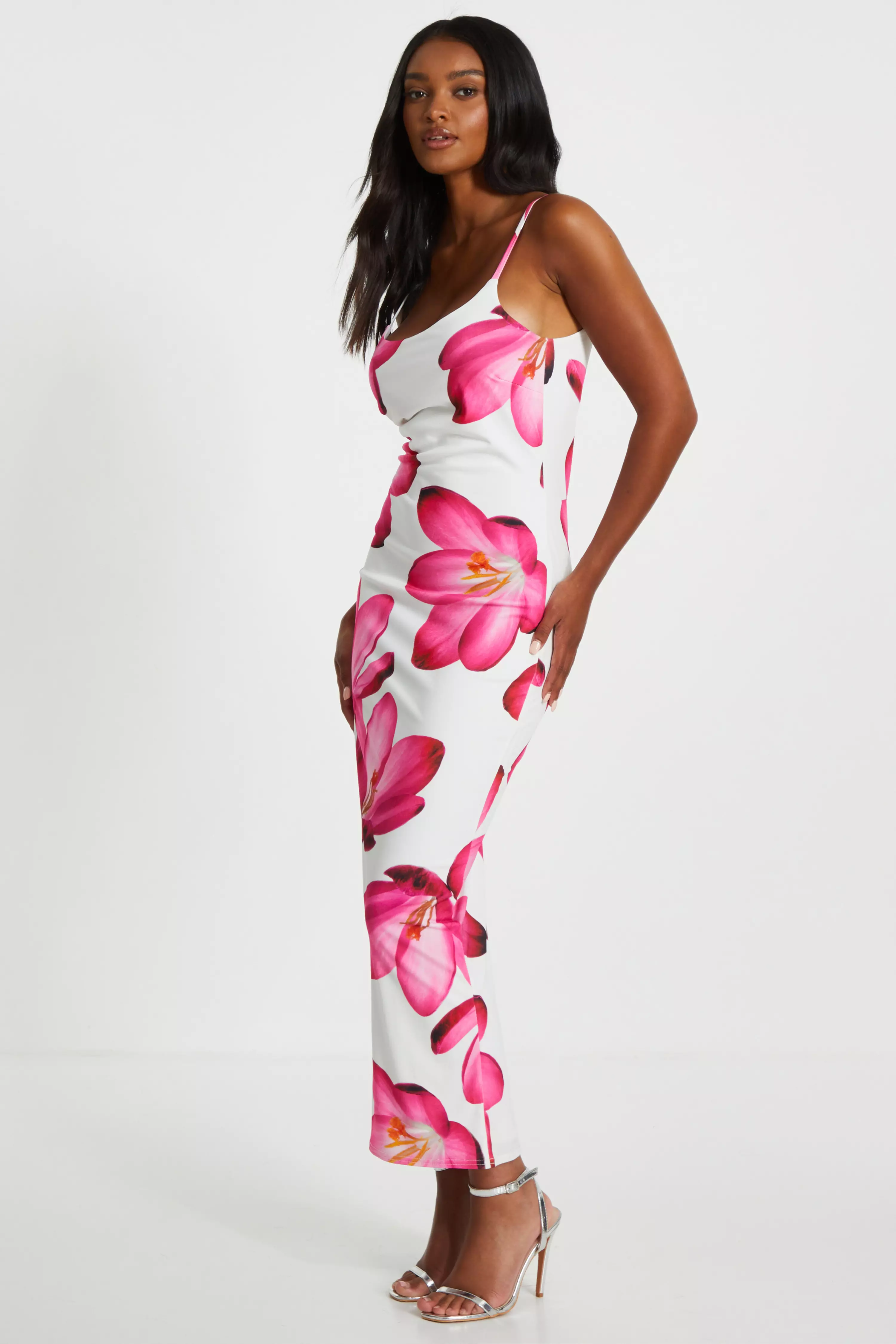 Pink Bold Floral Print Bodycon Maxi Dress