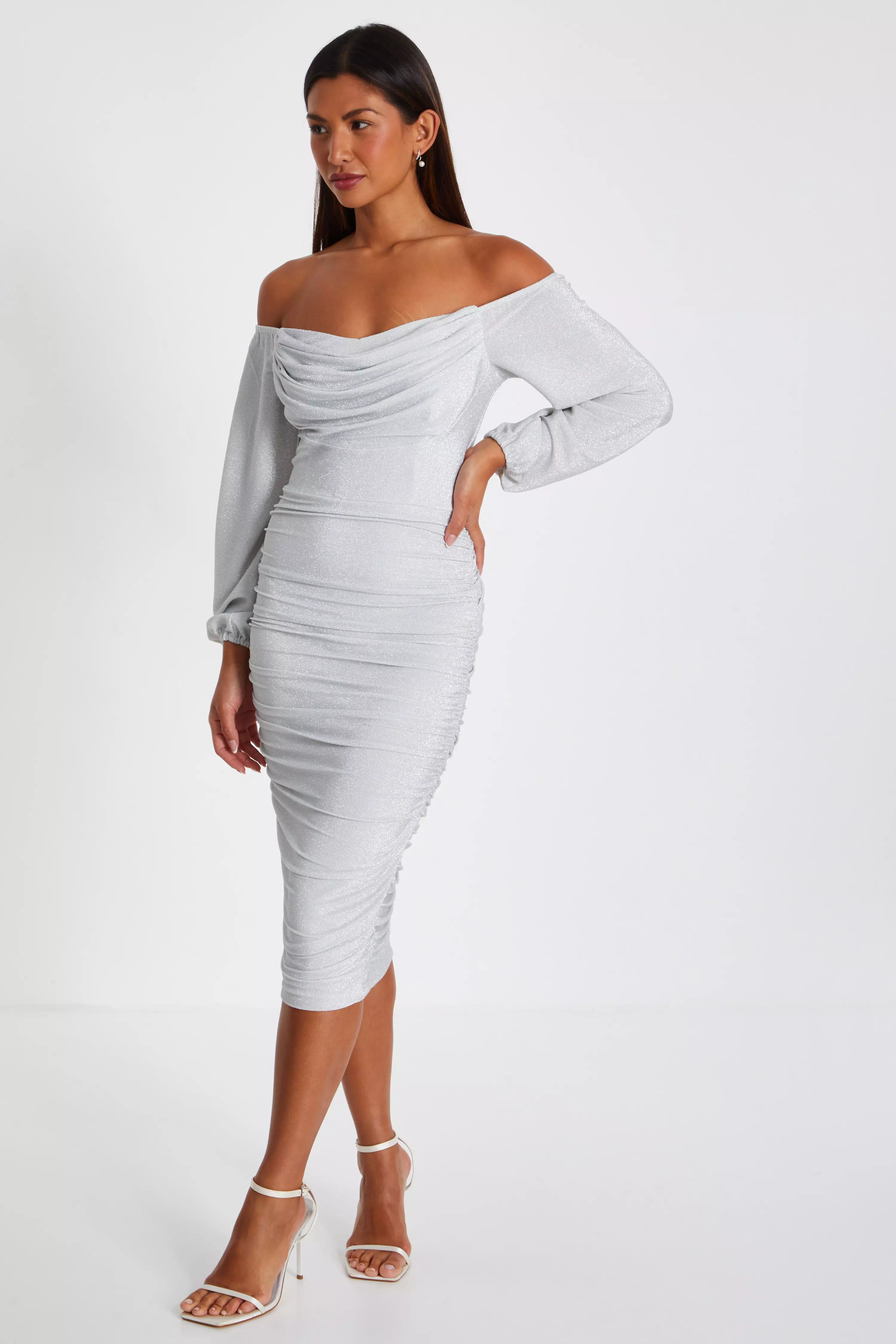 Sliver Shimmer Bardot Midi Dress