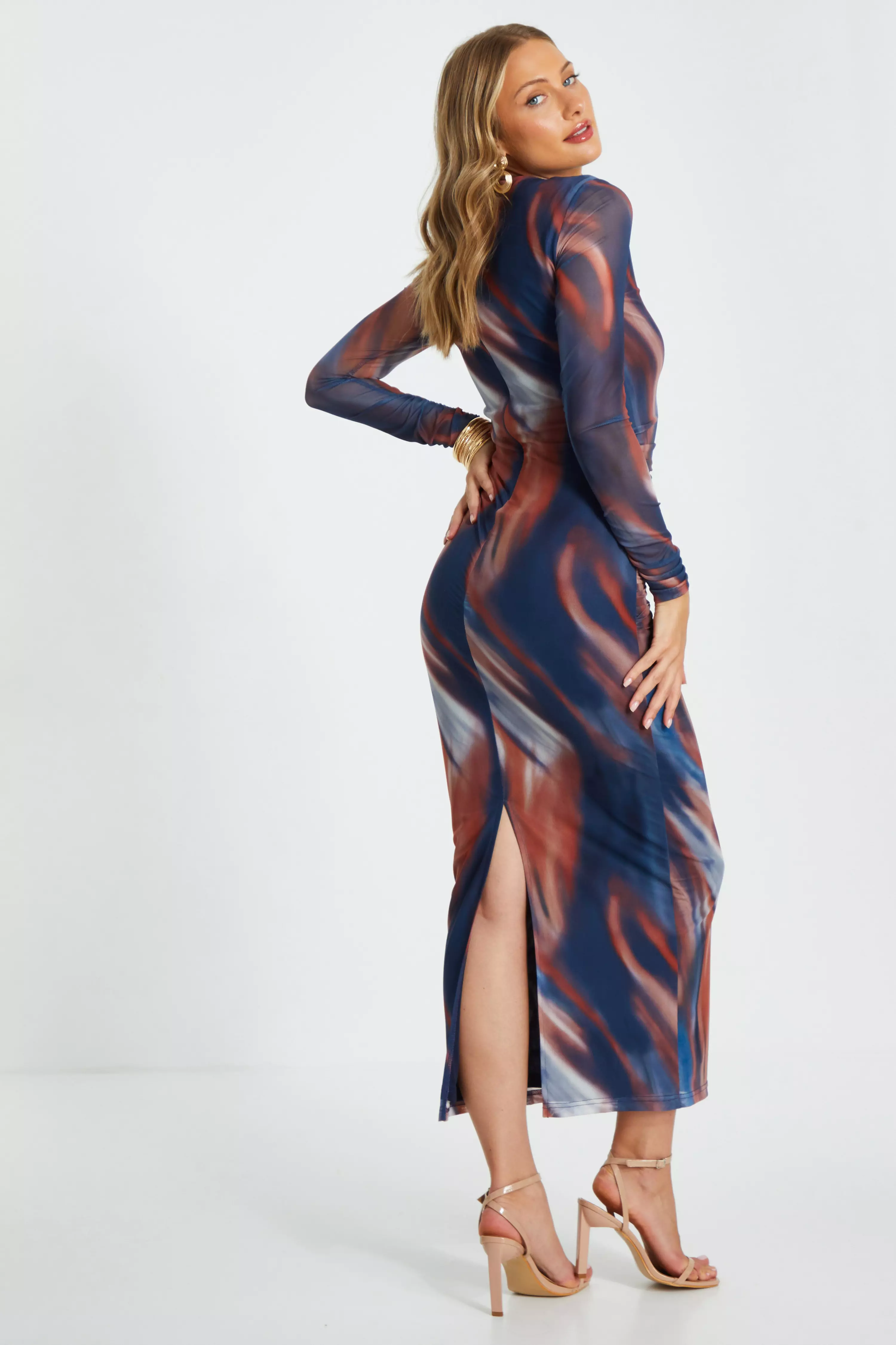 Blue Marble Print Mesh Midaxi Dress