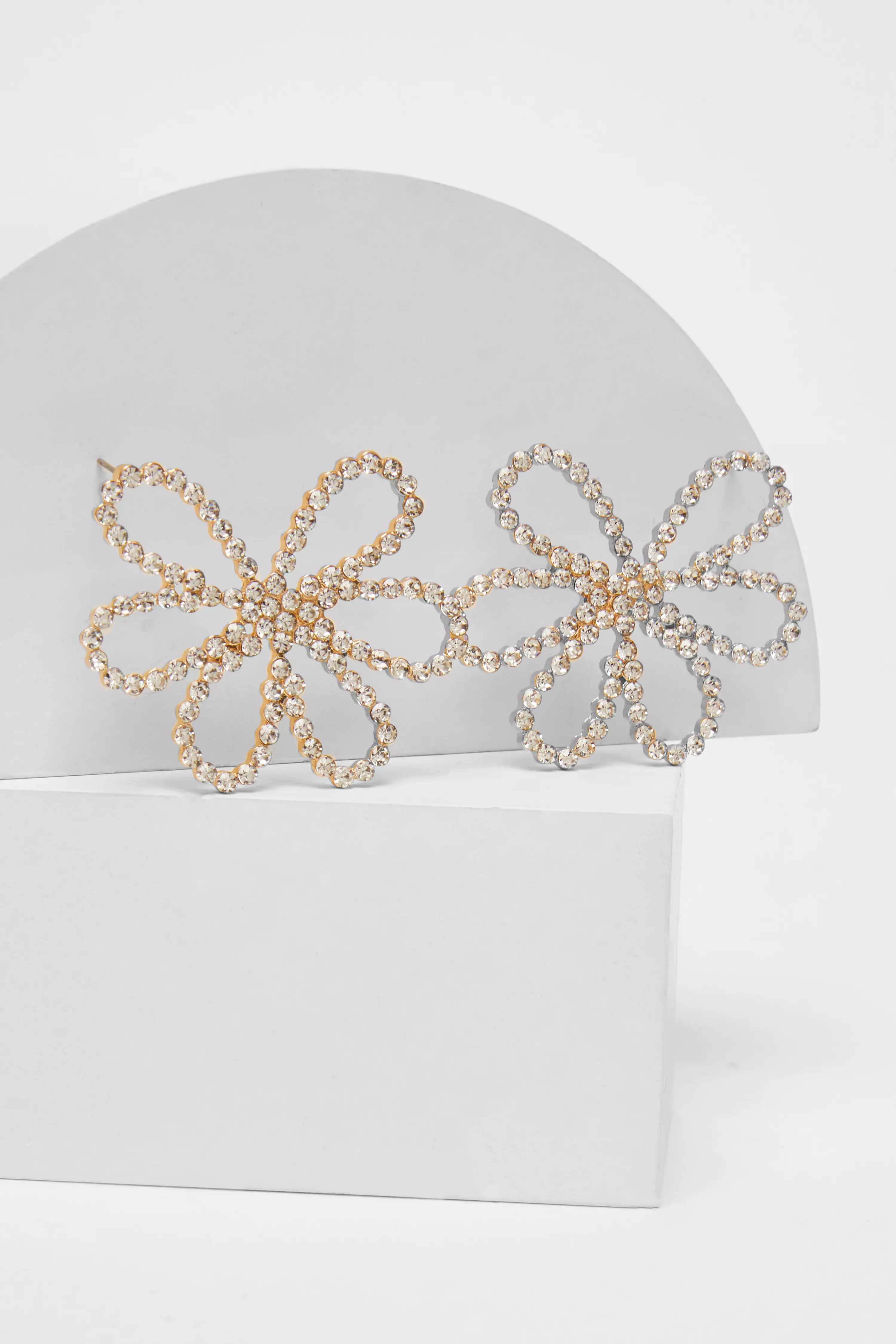 Gold Diamante Flower Statement Earrings