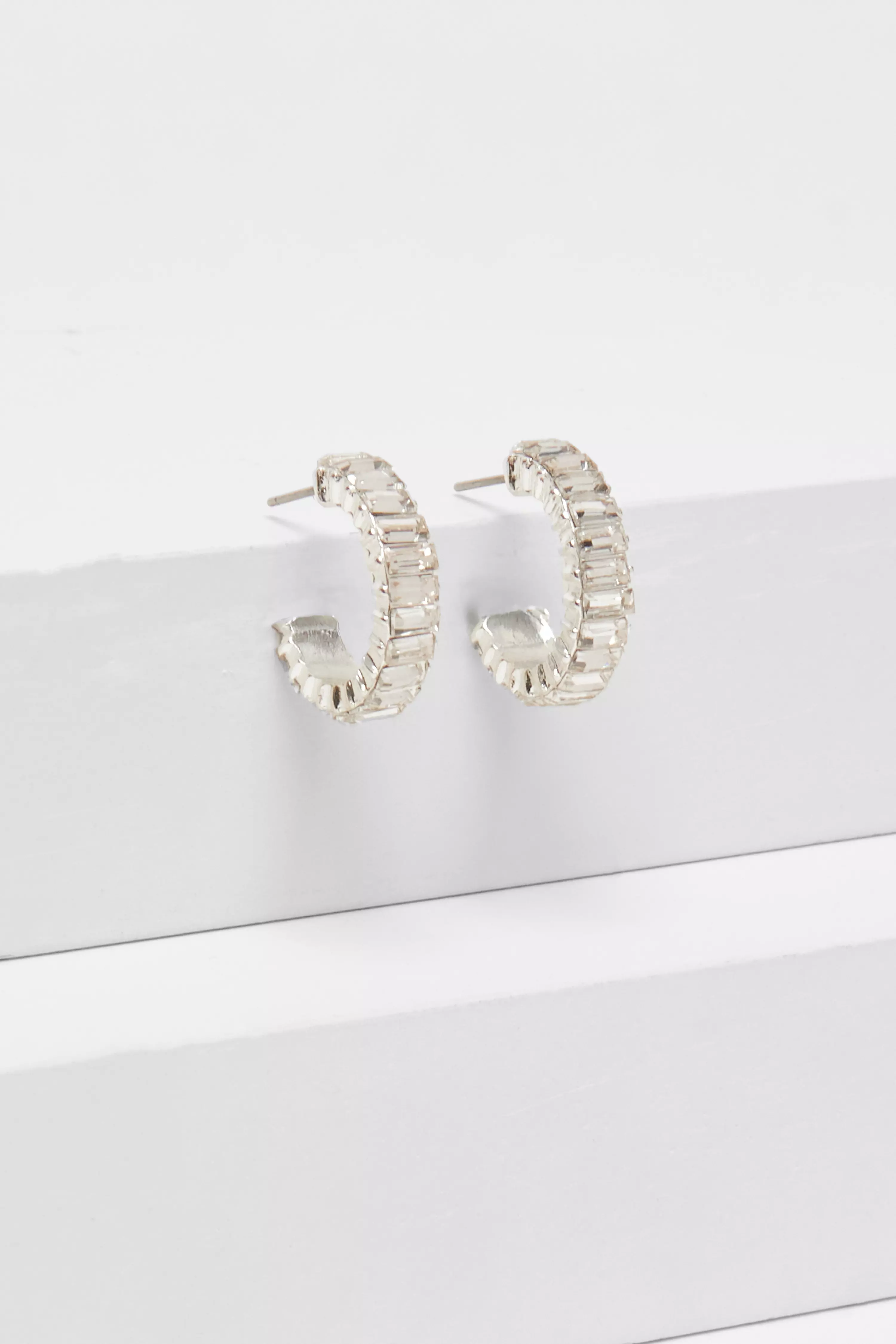 Silver Diamante Baguette Cut Hoop Earrings