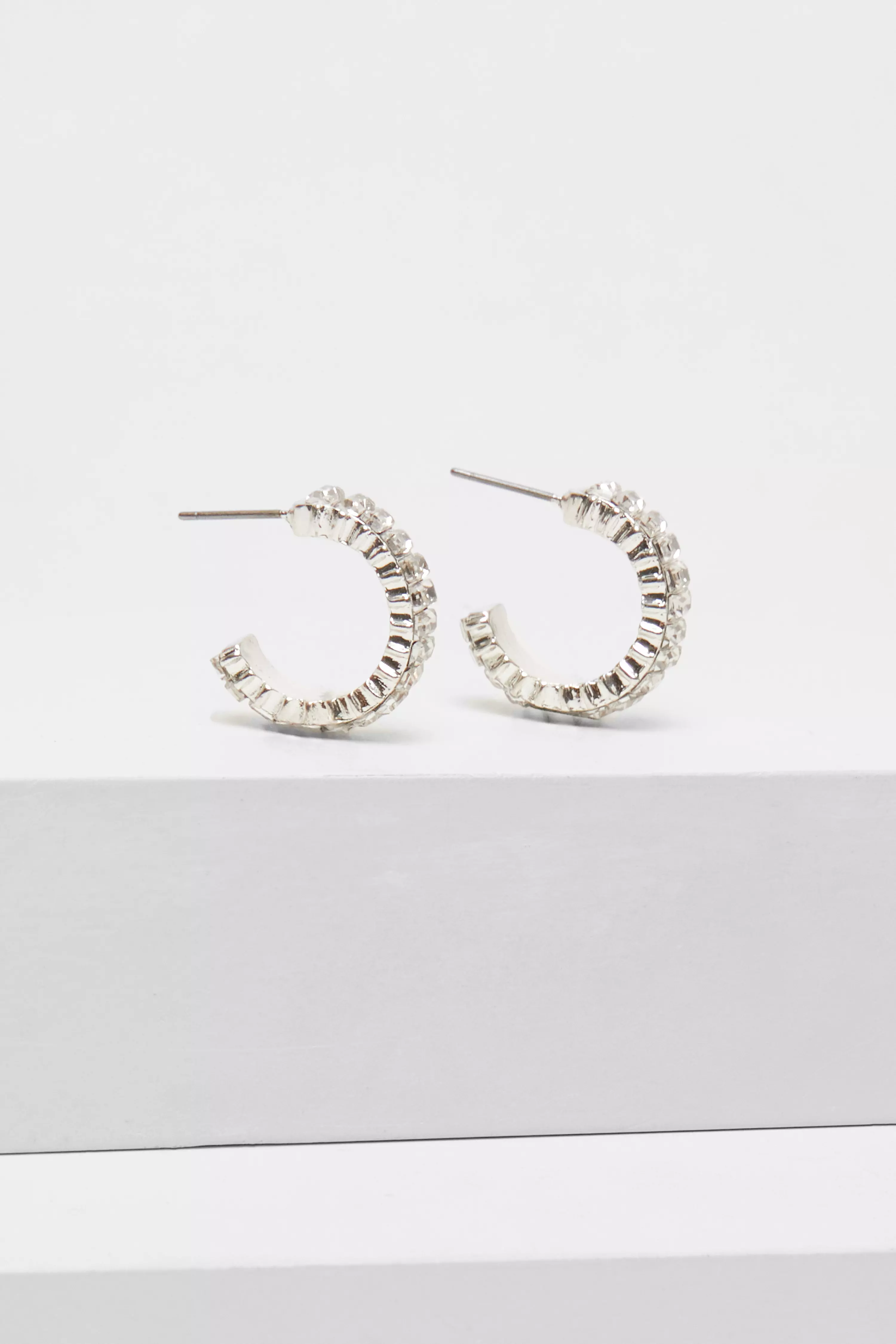 Silver Diamante Baguette Cut Hoop Earrings