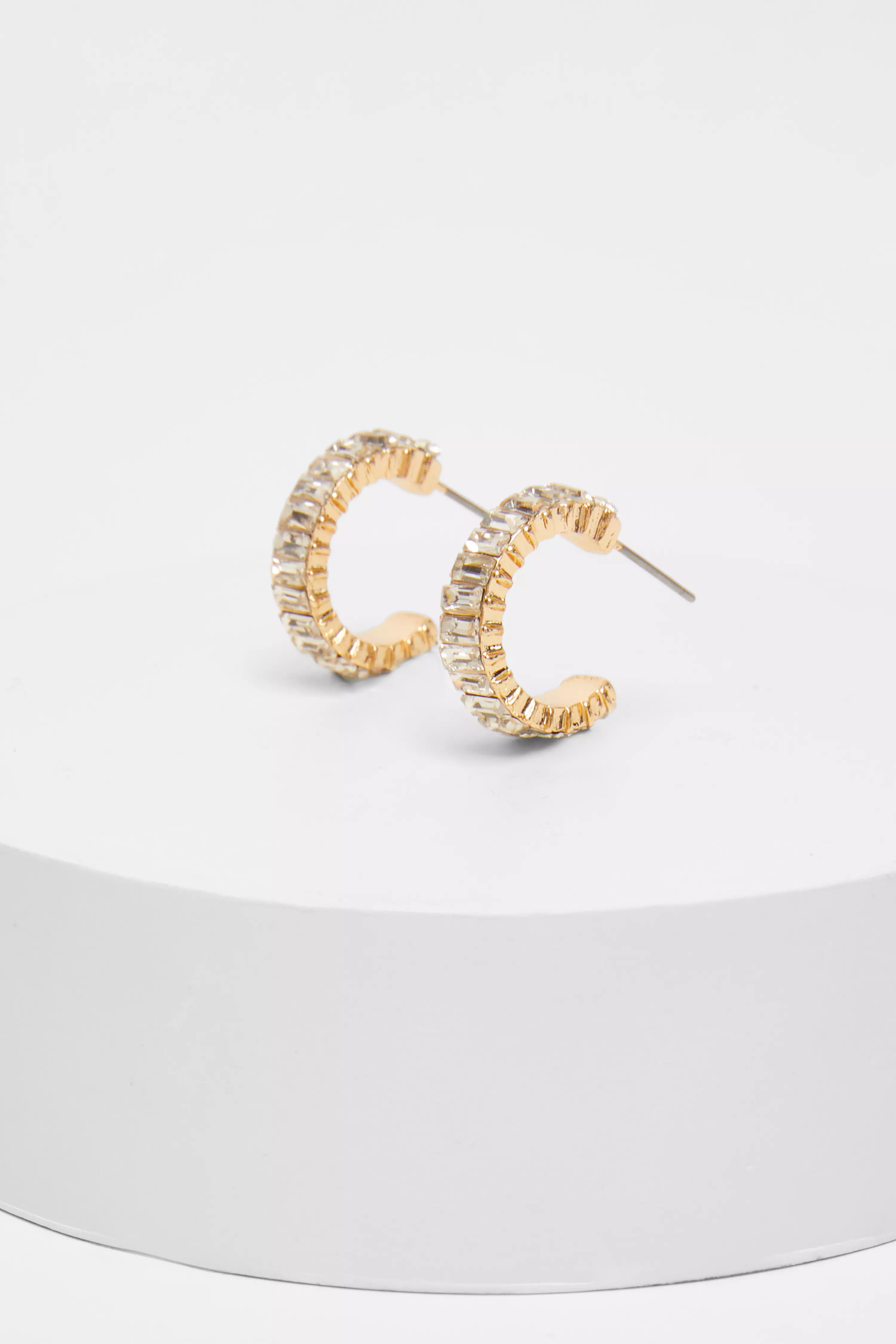 Gold Diamante Baguette Cut Hoop Earrings