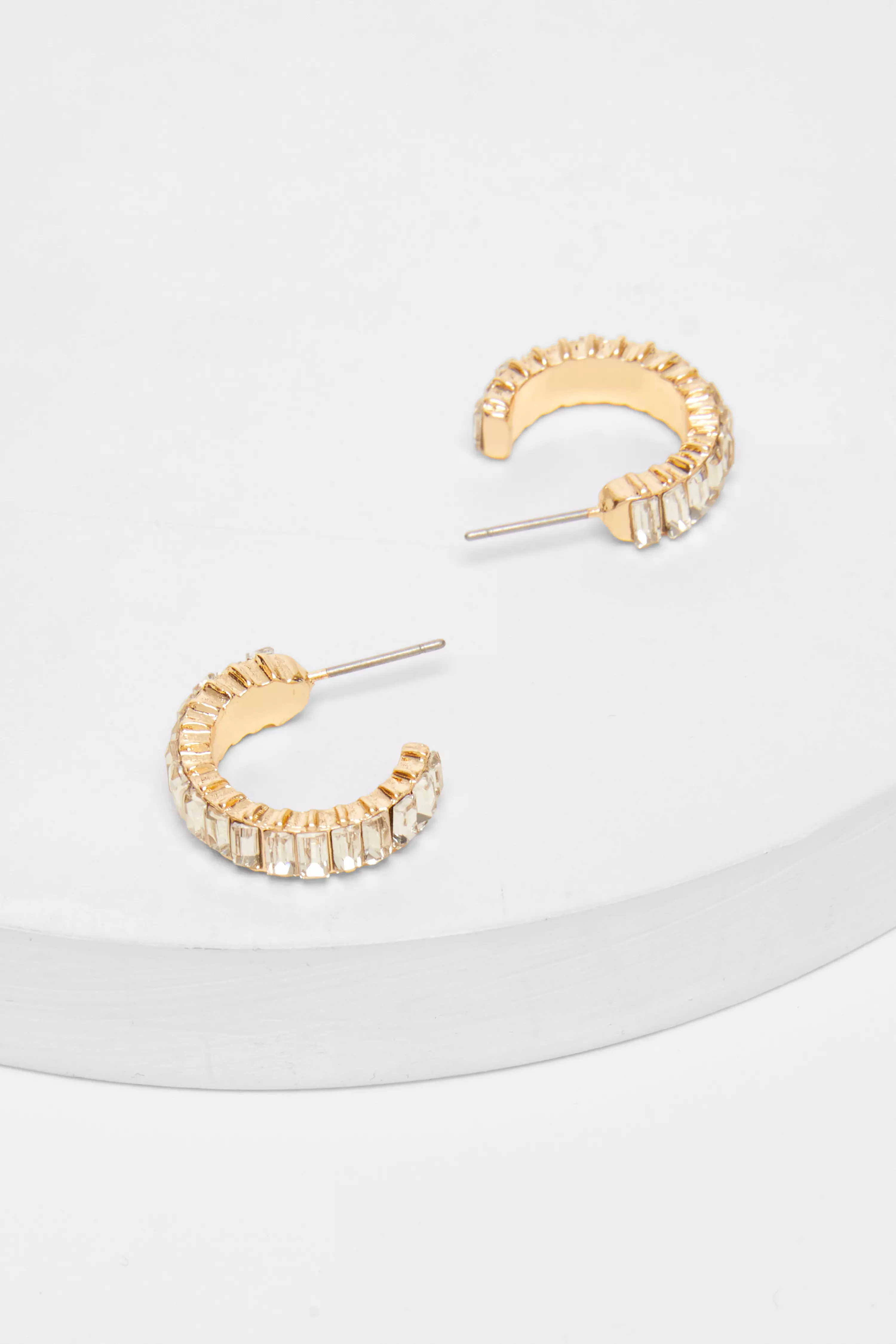 Gold Diamante Baguette Cut Hoop Earrings