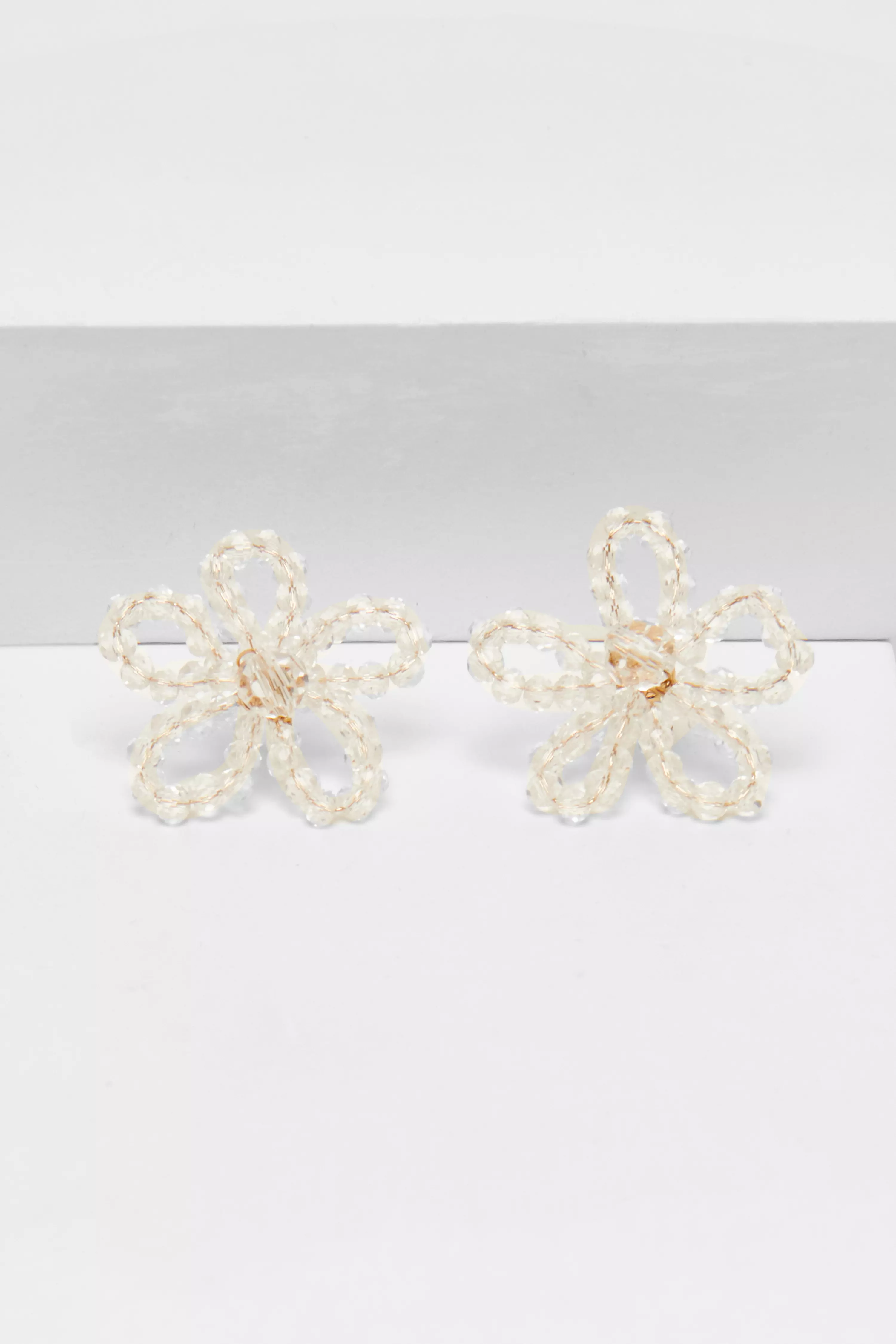 Clear Beaded Flower Statement Earrings