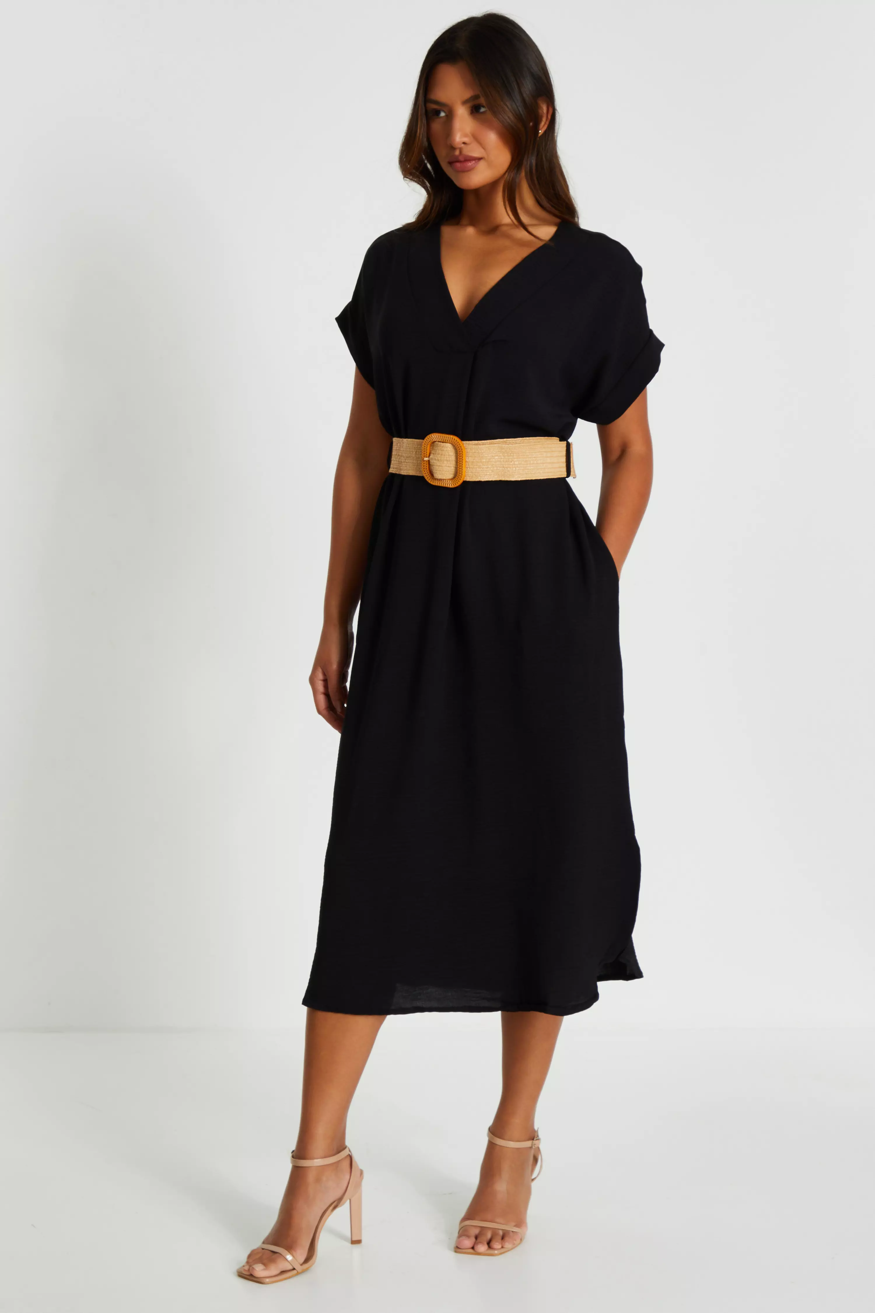 Black Belted Midi Shirt Dress