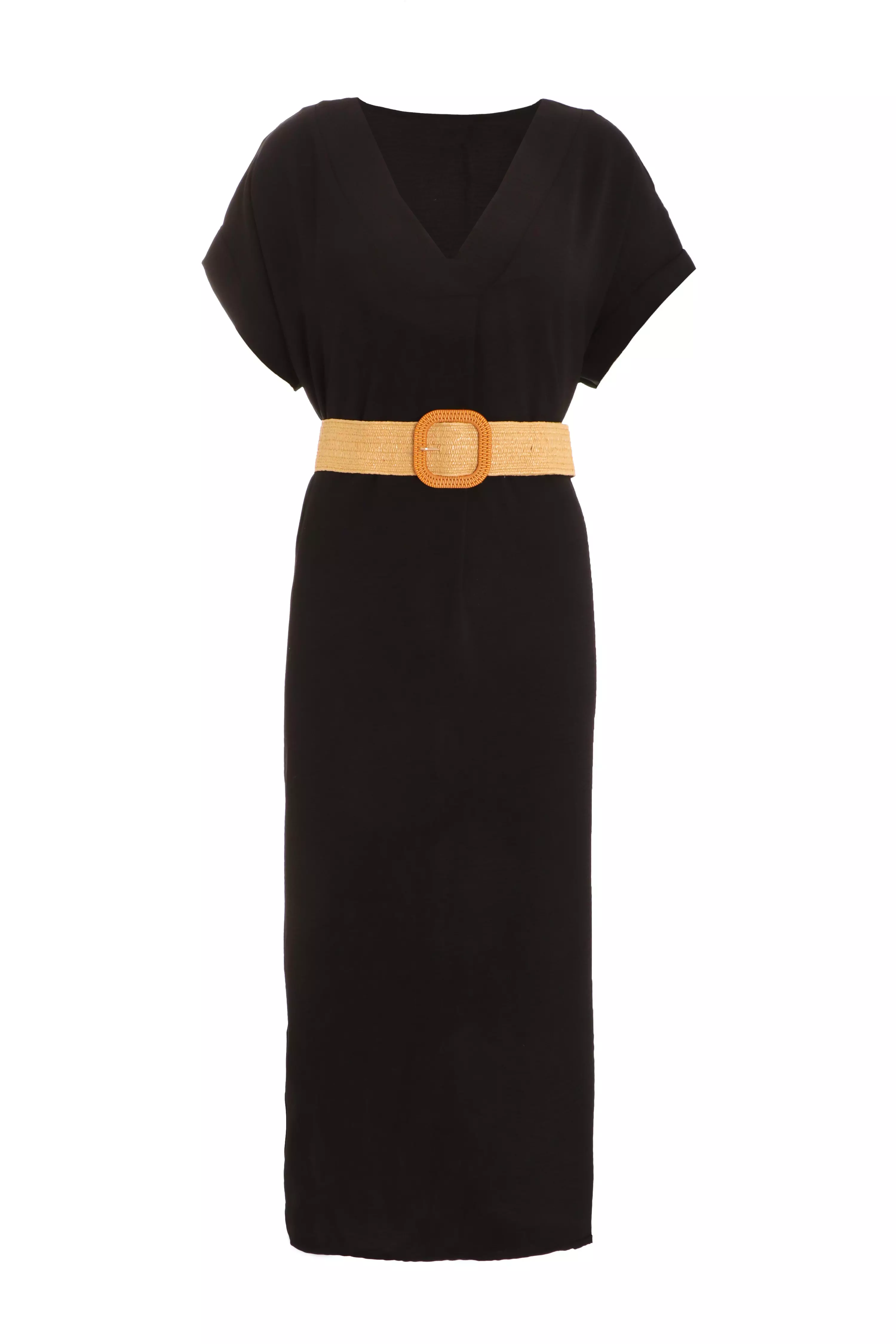 Black Belted Midi Shirt Dress