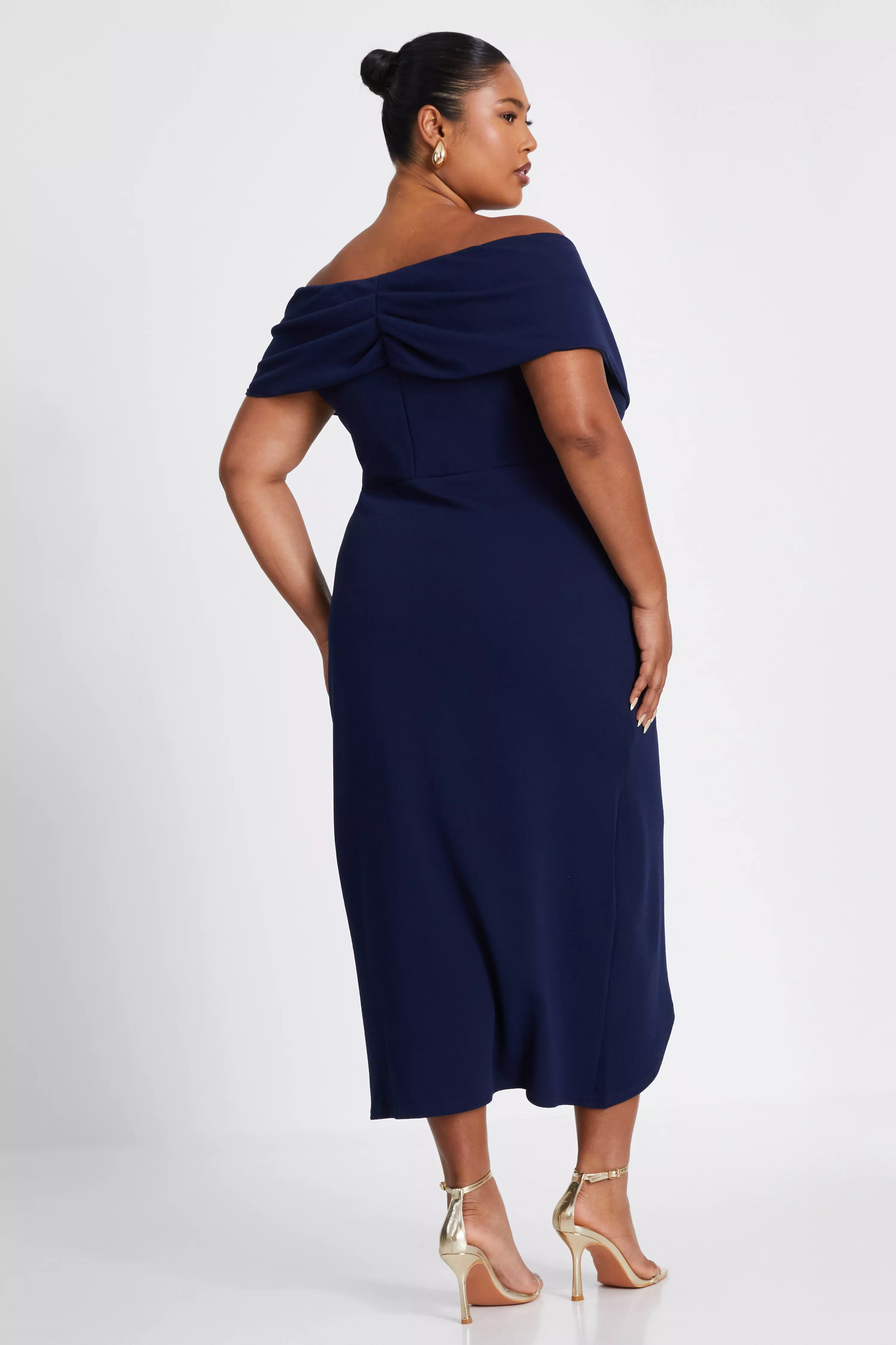 Navy Curve Bardot Pleated Wrap Midi Dress