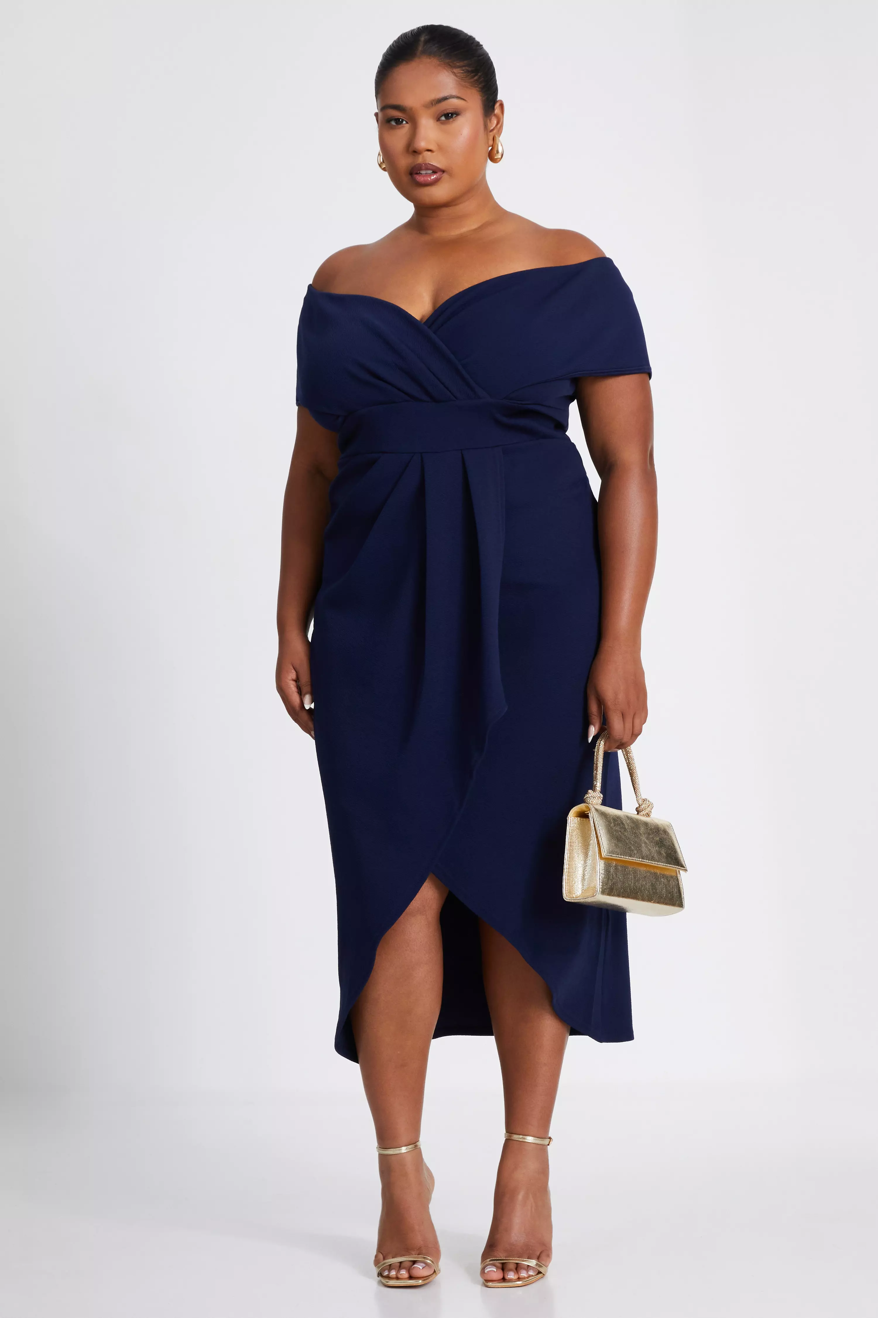 Navy Curve Bardot Pleated Wrap Midi Dress