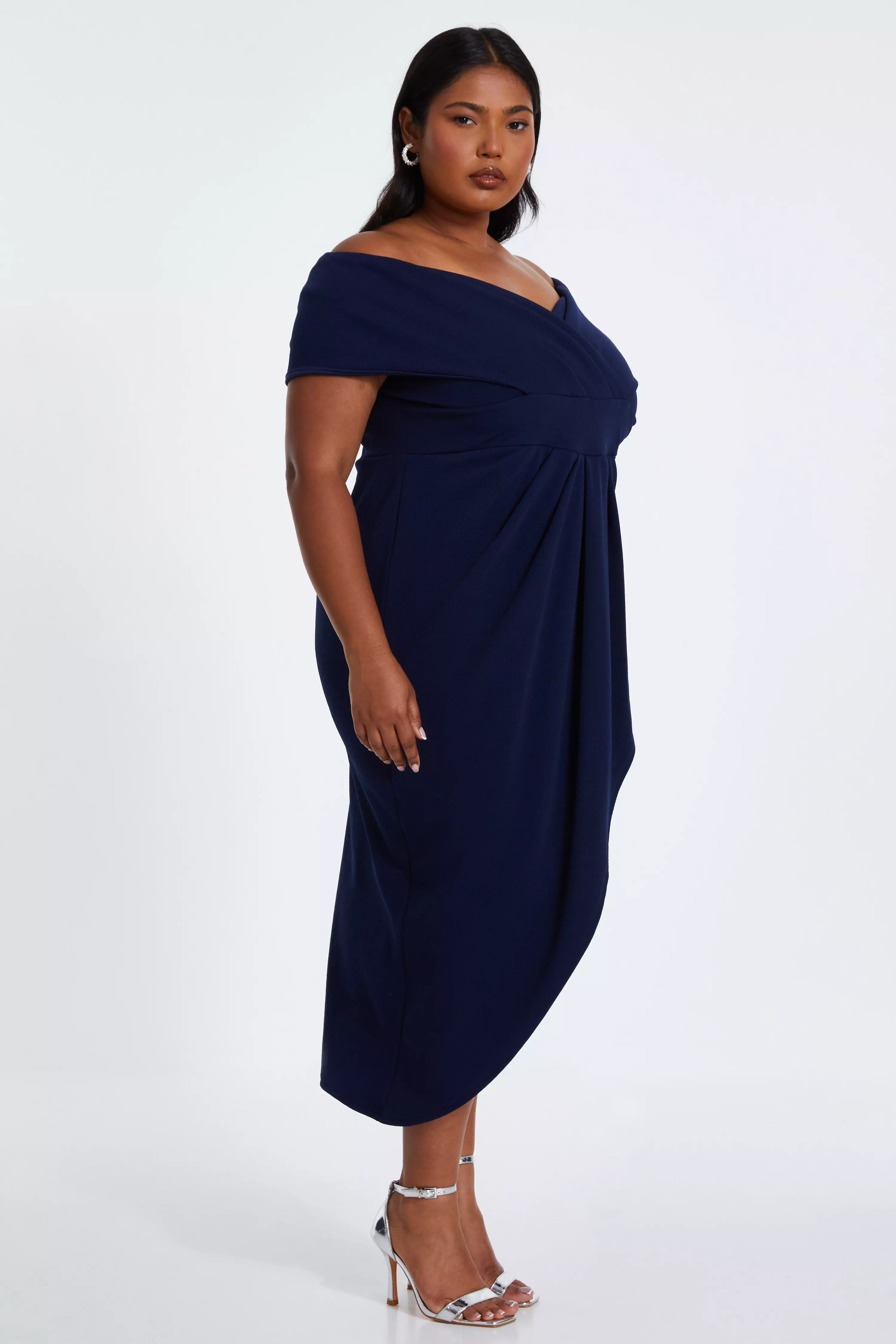 Navy Curve Bardot Pleated Wrap Midi Dress