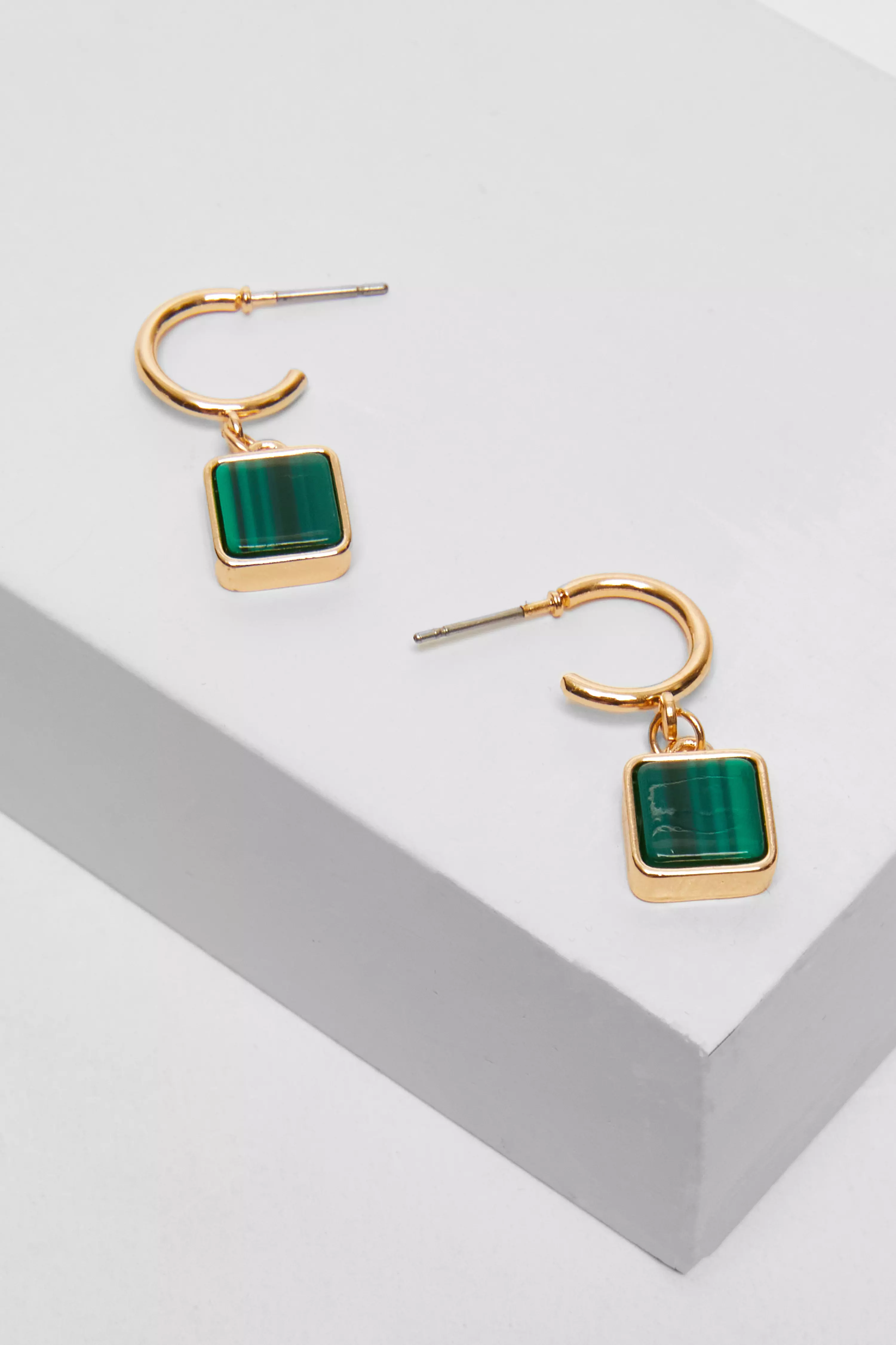 Green Square Hoop Drop Earrings