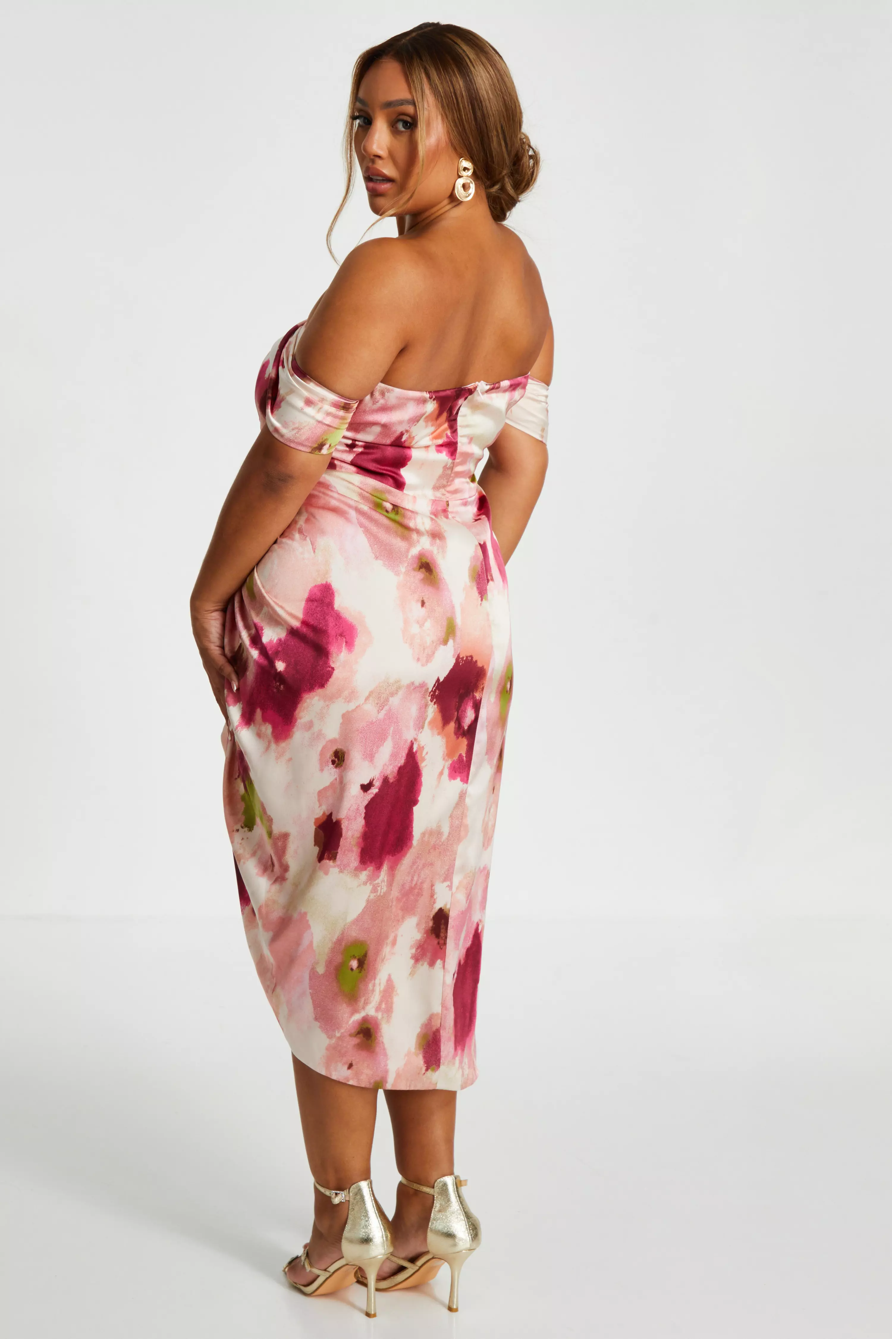 Curve Pink Marble Print Bardot Midi Dress