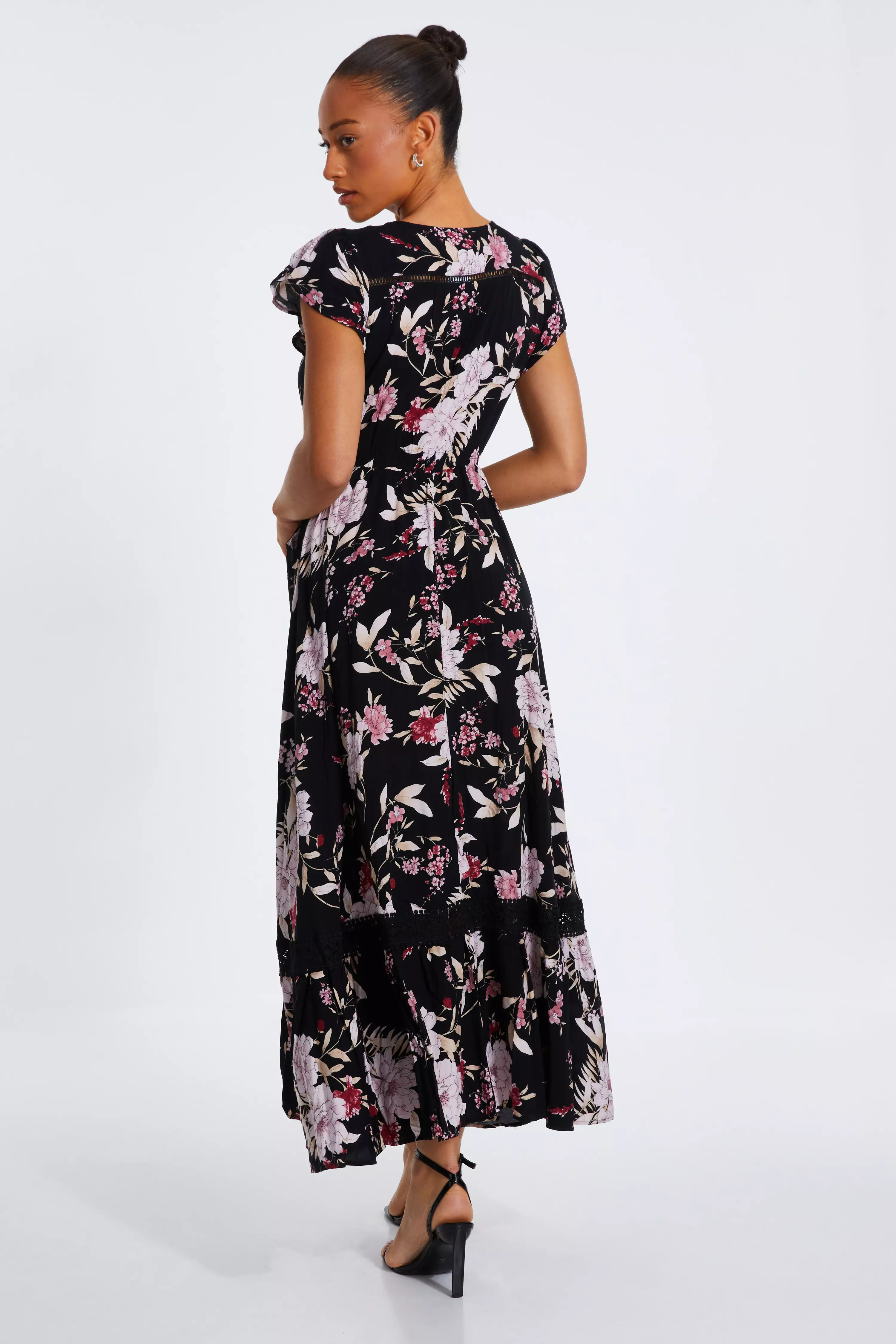 Black Floral Crochet Trim Maxi Dress