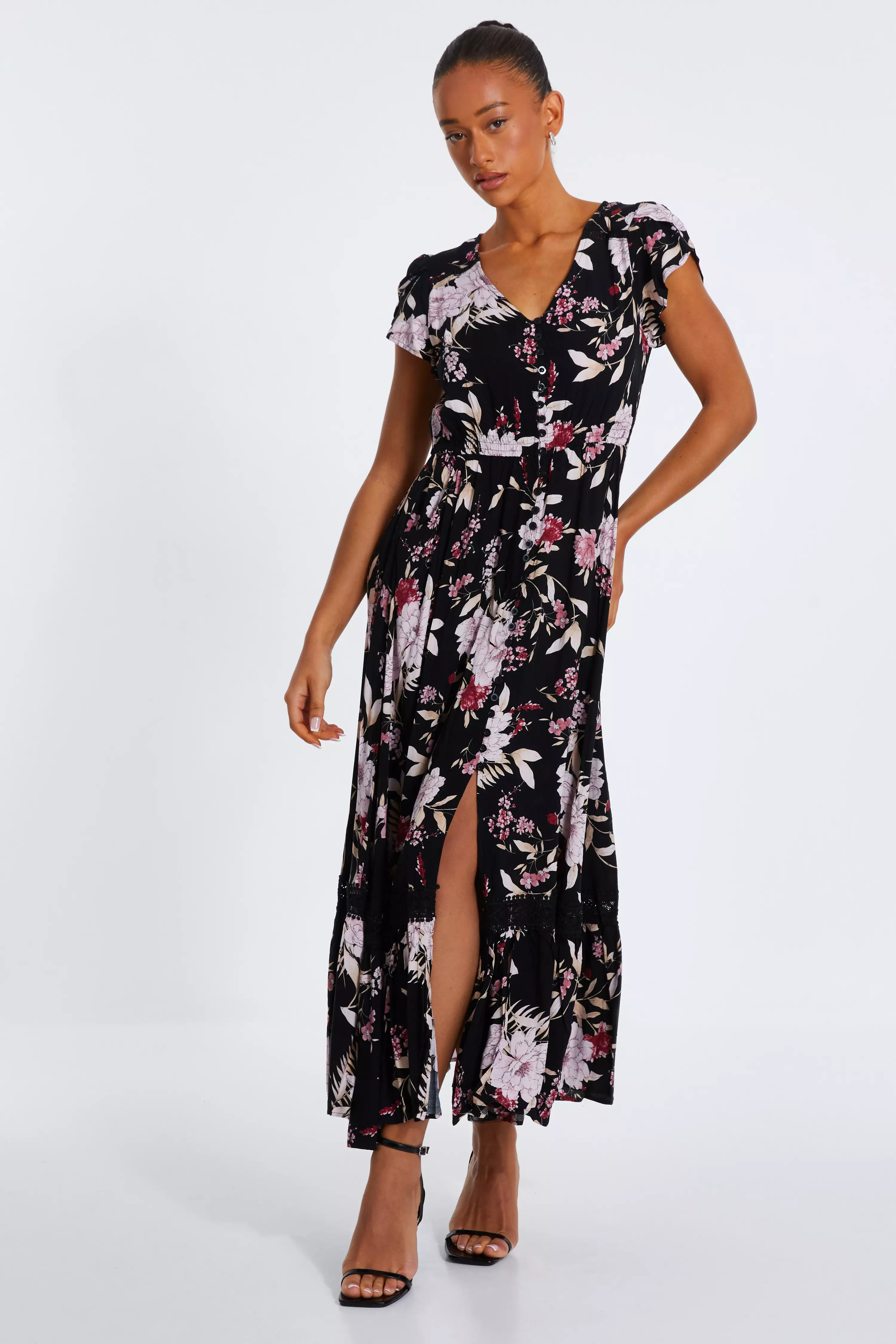 Black Floral Crochet Trim Maxi Dress