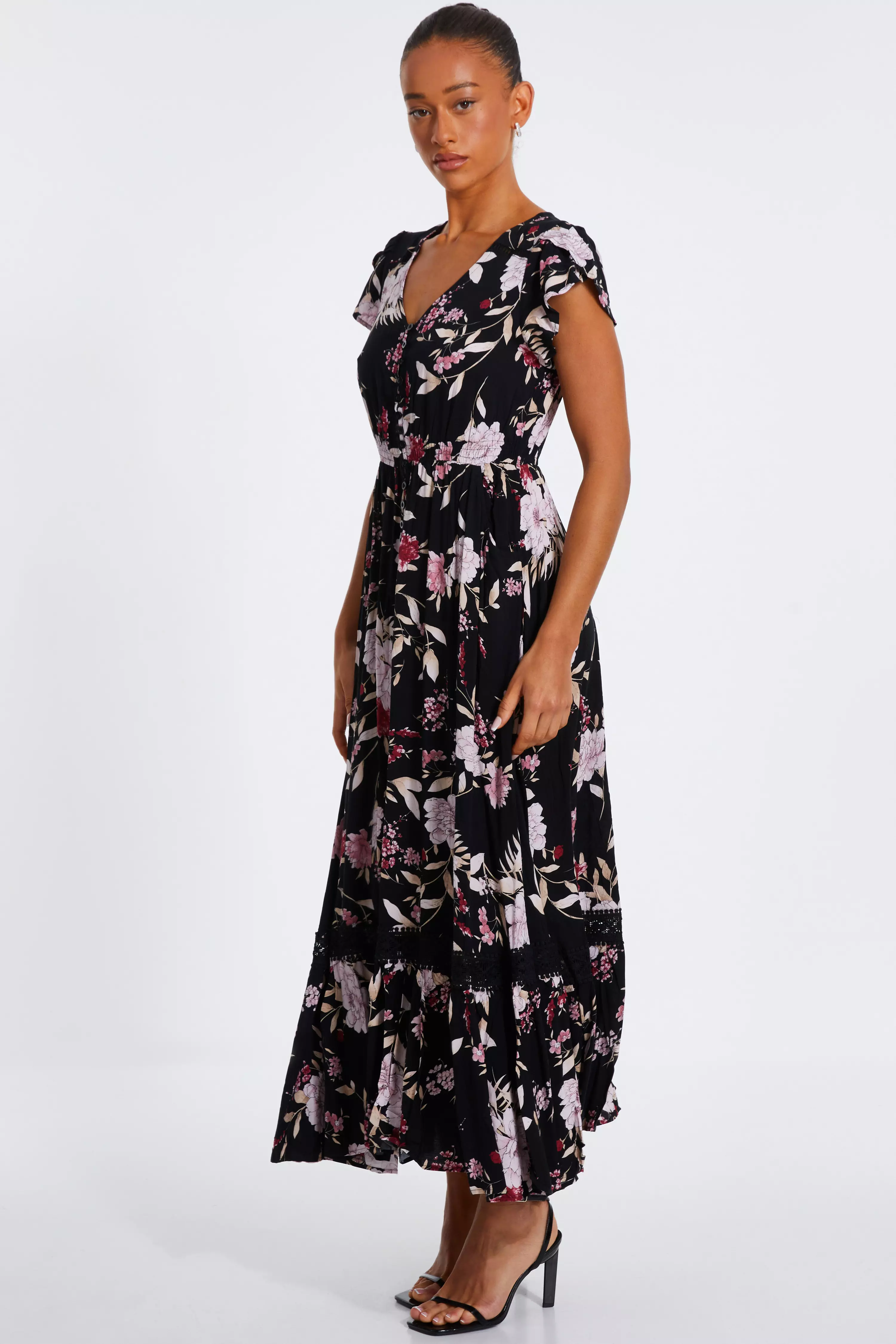 Black Floral Crochet Trim Maxi Dress